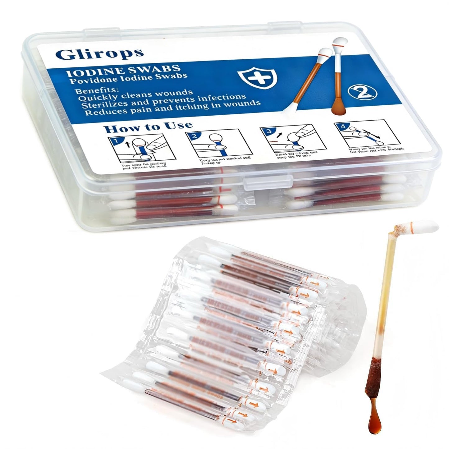 100 Sticks Povidone Iodine Swabsticks - FSA/HSA Snap-to-Activate Iodine Swabs for First Aid & Nasal Care, 10% Solution Wound Care Supplies, Individually Wrapped in Reusable Case