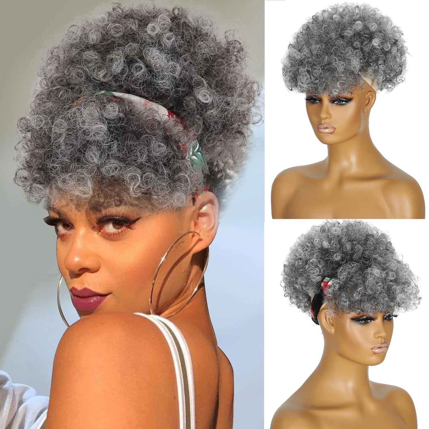 Afro Puff Drawstring Ponytail with Bangs,Short Salt and Pepper Kinky Curly Synthetic Gray Pony Tails Extensions Drawstring Ponytail for Black Women Hair Bun Fluffy Updo for Daily Party Use 1B/GREY
