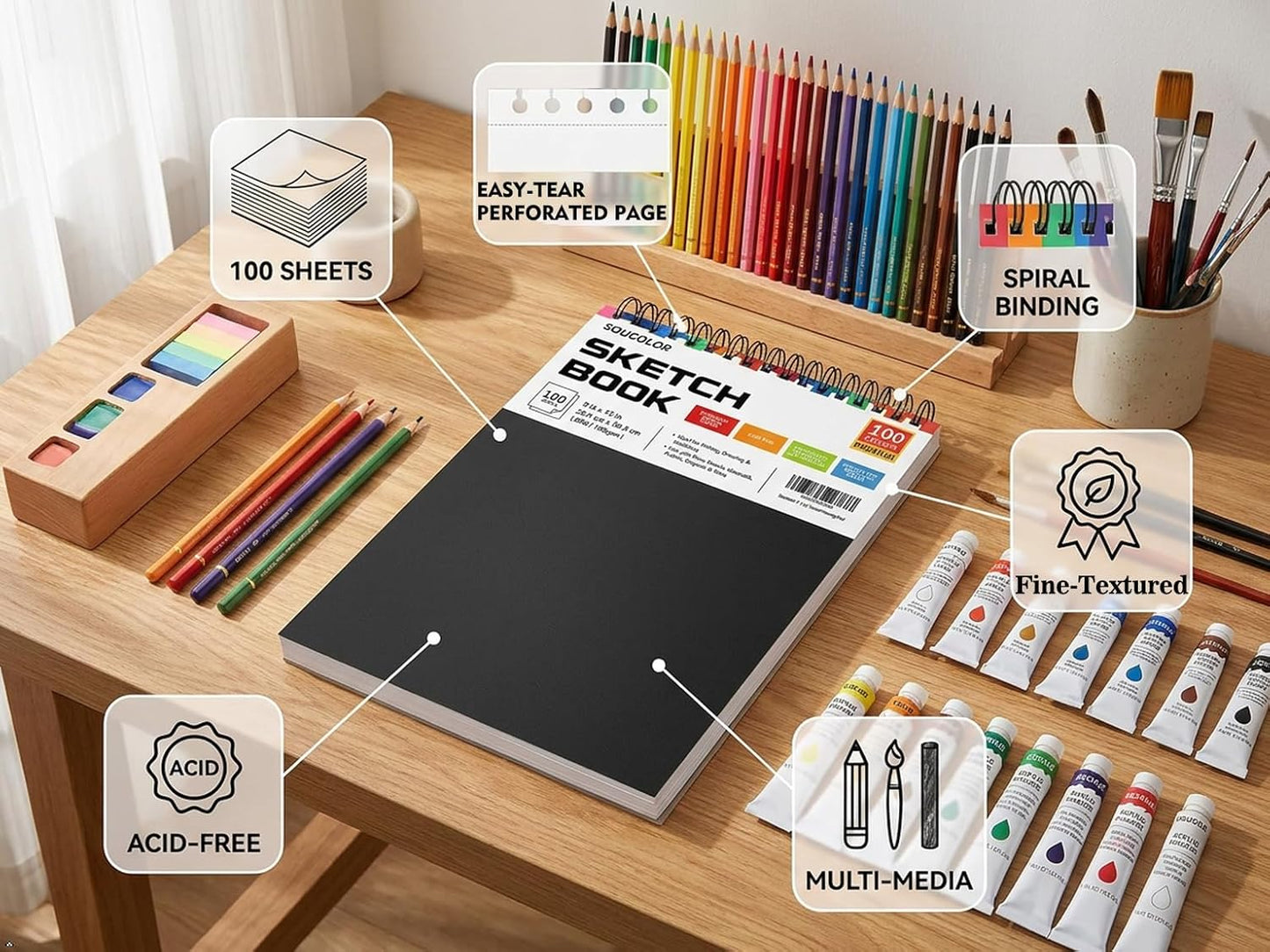 Soucolor Sketch Book - 9" x 12" Top Spiral Bound, 100 Sheets Acid-Free Drawing Paper | Ideal for Kids, Adults & Artists