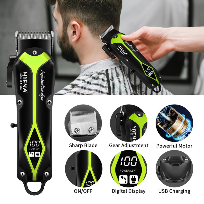 HIENA PRO Hair Clippers for Men, Electric Professional Hair Clipper and Trimmer, Rechargeable Haircut Clippers, Cordless Hair Cutting Tool with LED Display, Gifts for Men(Green)
