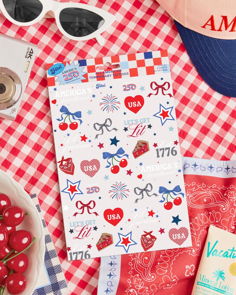 xo, Fetti America 250 Tattoos, 4th of July -60 Temporary Tattoos | USA, Red White Blue, Stars, Fireworks, Patriotic Party Decor, Kids Party, All American
