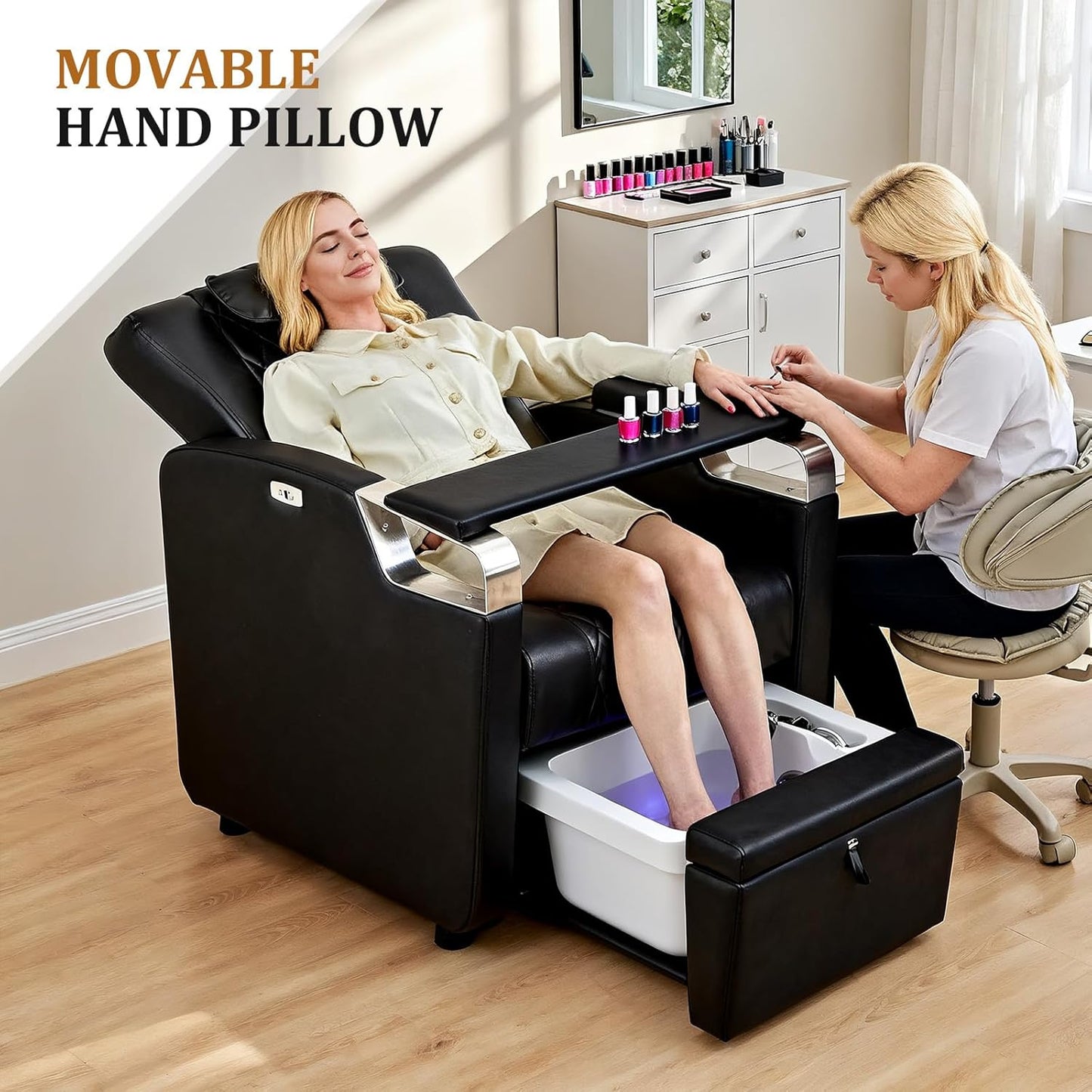 Electric Pedicure Chair - Adjustable Backrest, Movable Hand Pillow & Hidden Storage | Professional Nail Tech Spa Station (Black)