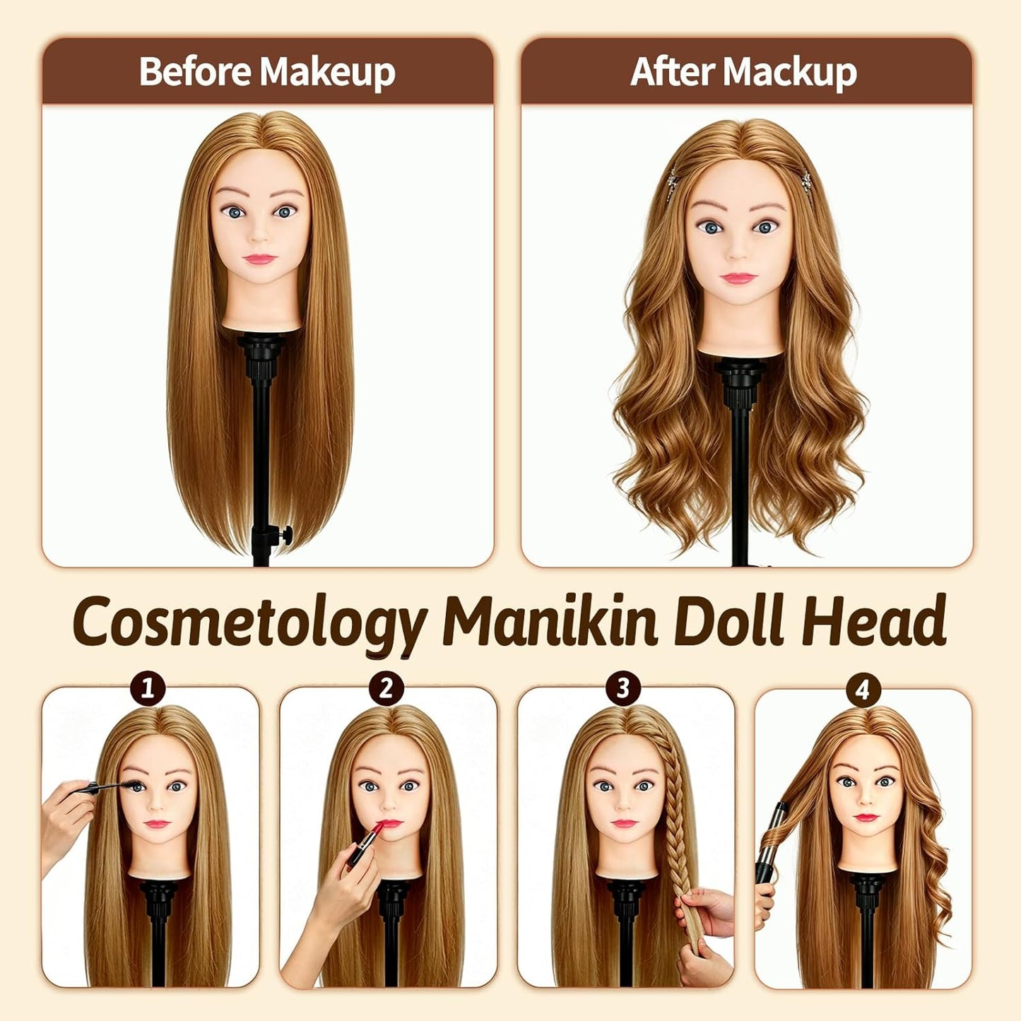 Mannequin Head - 90% Human Hair Styling Head for Cosmetology | 24" Hairdressing Training Doll with Table Clamp (Gold B)