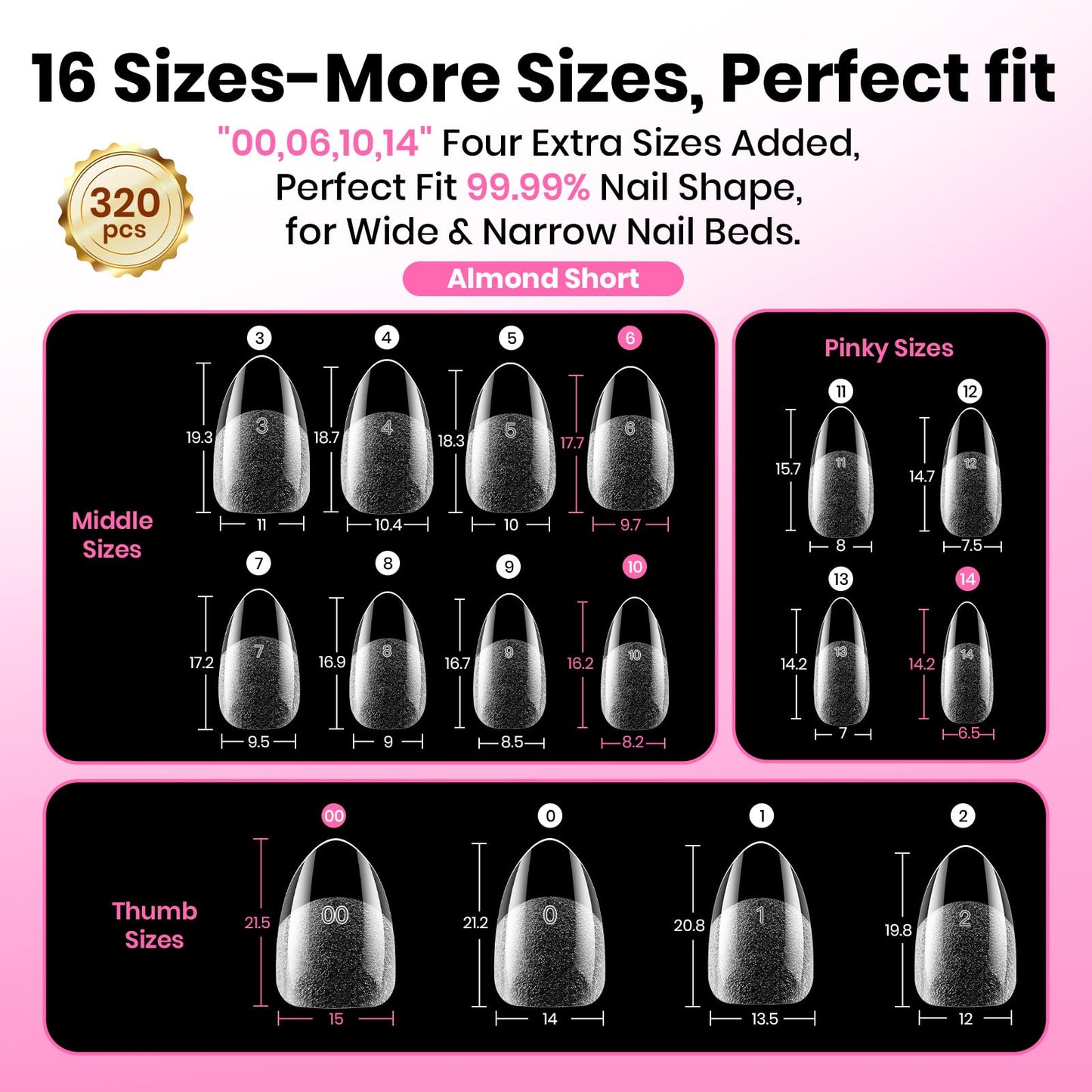 Beetles Short Almond Nail Tips, 320pcs 16 Sizes(00-14) Pre-Etched Flat-X
