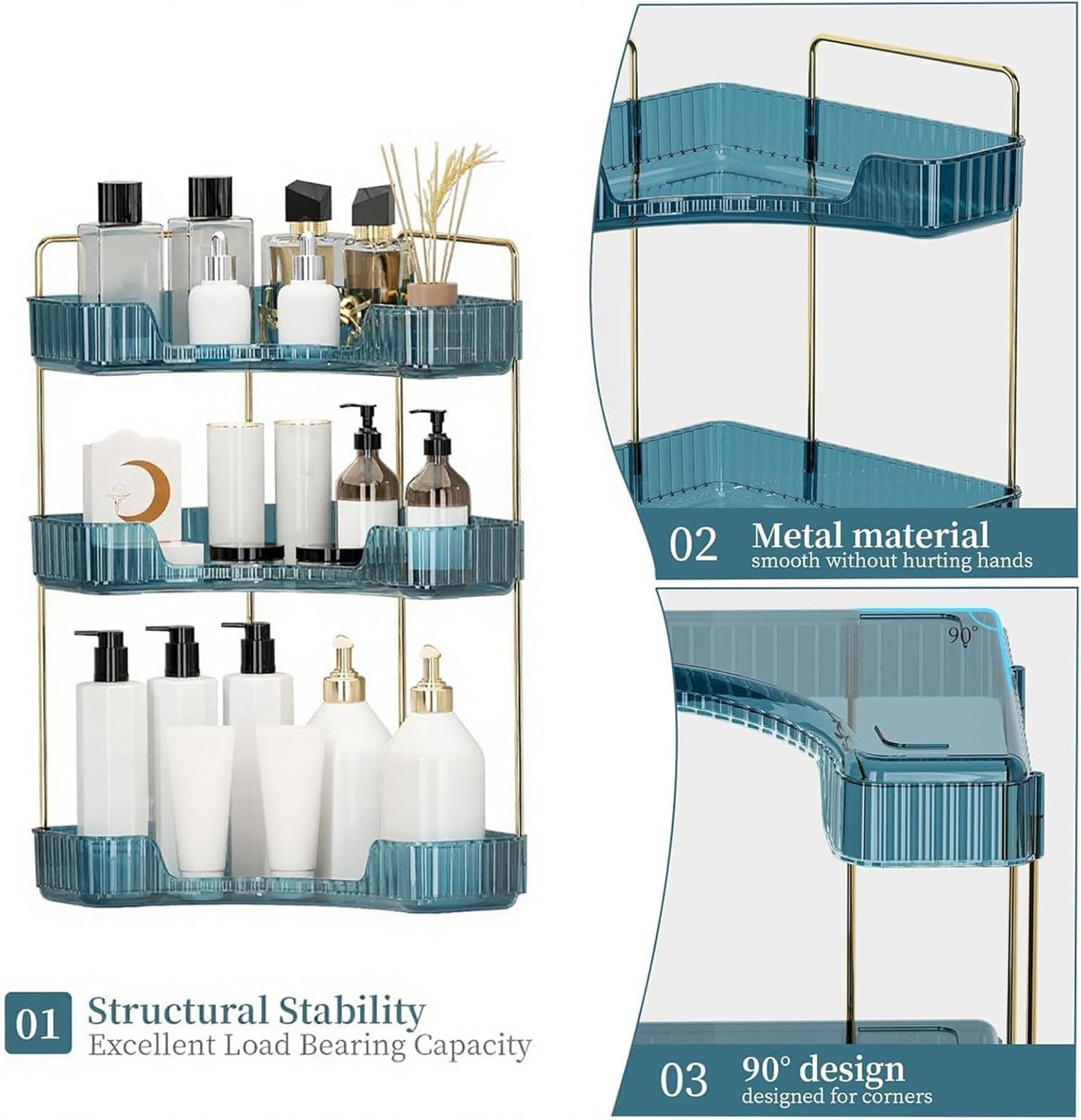 Corner Bathroom Countertop Organizer - 3-Tier Vanity Makeup & Perfume Storage Tray | Blue