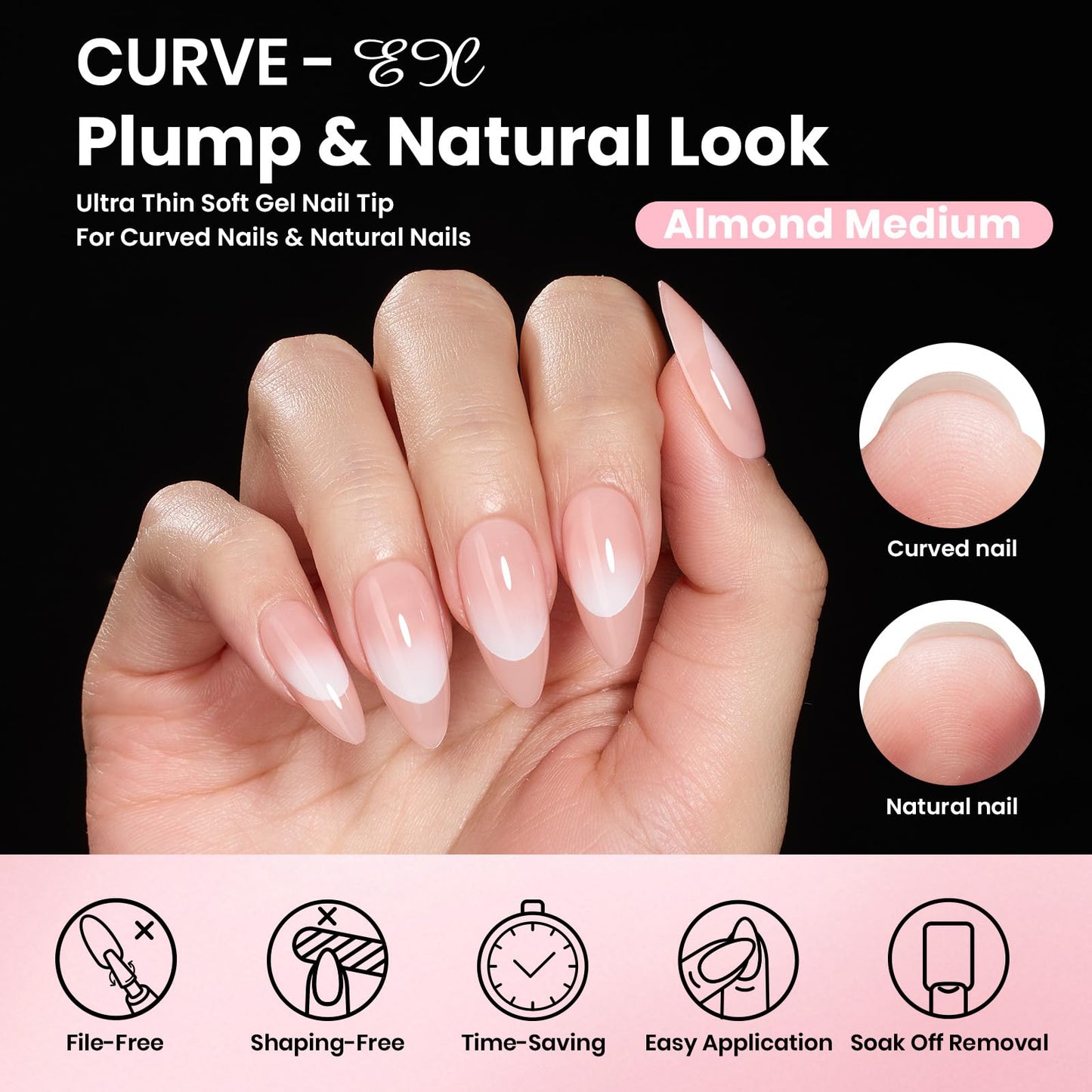 Beetles Gel Nail Kit Curve-EX, Almond Medium, 320pcs 16 Sizes Nail Tips, with 15g Nail Glue Hands-Free, 7.5ml Base Gel & Top Coat, Mini Lamp, for Acrylic Press On Nail, Extension DIY Set at Home