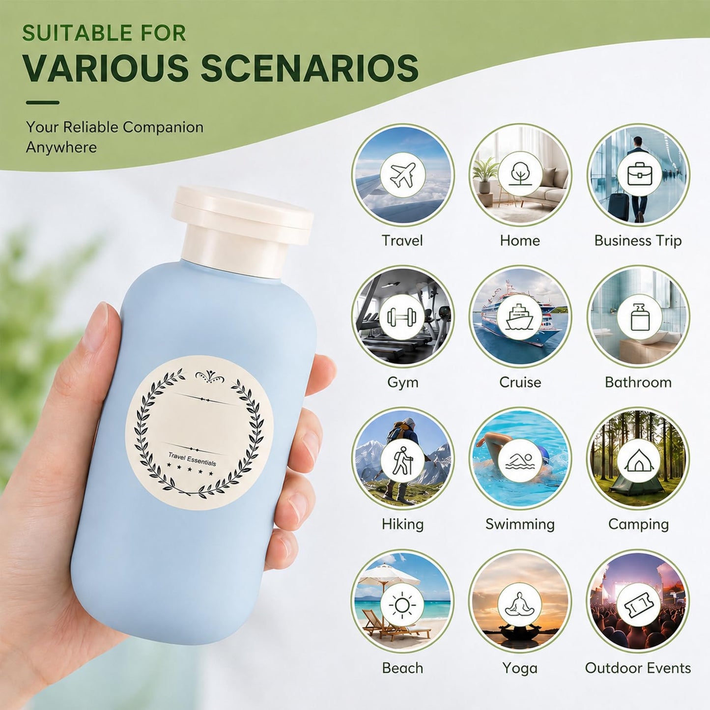 METAPACK 4Pack 6.8oz Travel Shampoo Bottles with Labels, Refillable Travel Bottles, Flip Top Squeeze Bottles, Portable Plastic Toiletry Containers for Lotion, Conditioner & Body Wash(grey, blue)