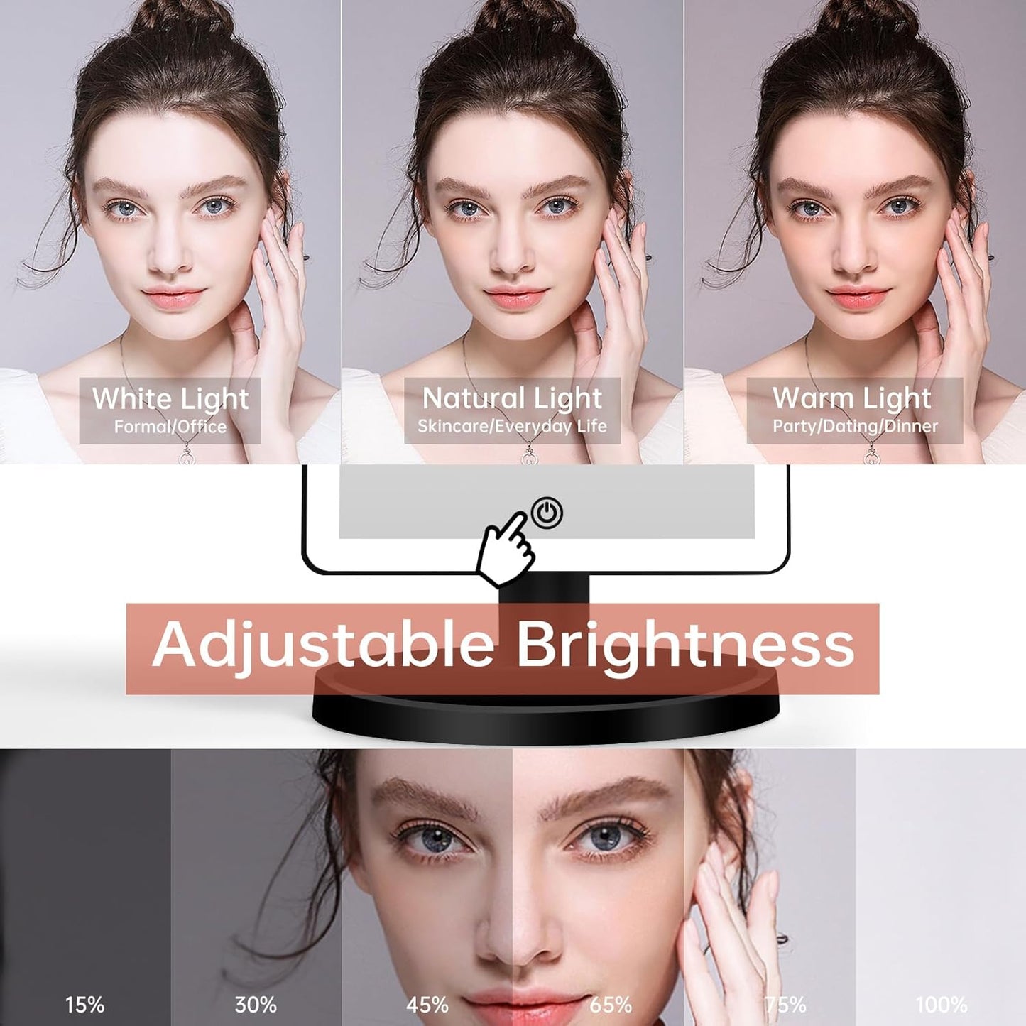 Large Lighted Makeup Mirror - 3 Color Modes, 88 LED, 10X Magnification | 360° Rotation, Touch Screen (Black)