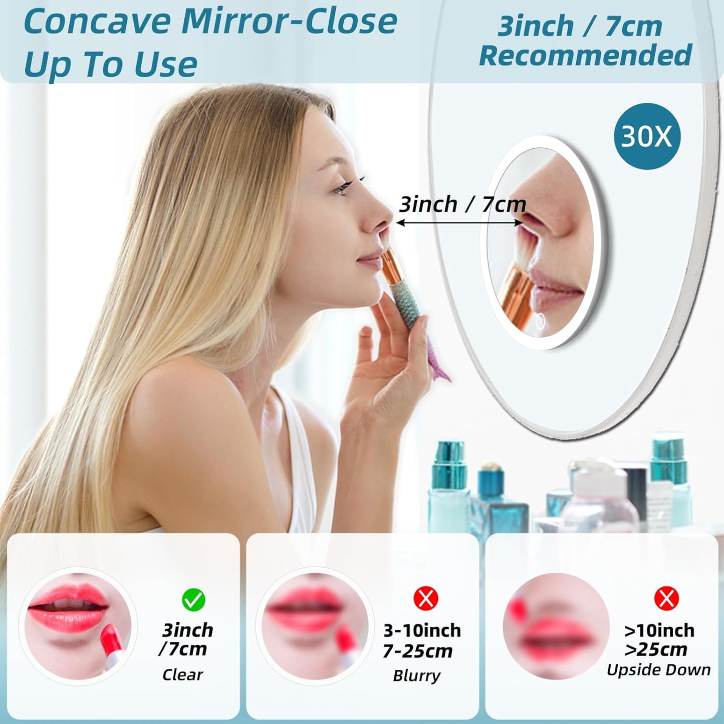 30x Magnifying Makeup Mirror with Light - Dimmable, Rechargeable, 3 Color Modes | 6" Viewing Area, Suction Cups, Tweezers & Scissors Included