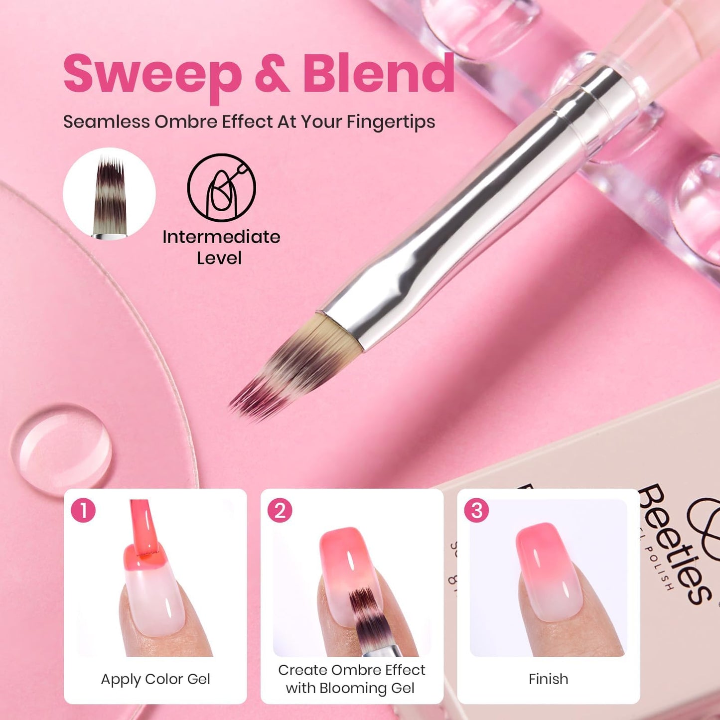 Beetles Blooming Gel and Nail Art Brushes Set - Ombre Nail Brush Gradient Stipple Clean Up Fingernail Art Pens and Silicone Dotting Tool for Gel Polish Marble Blush Chrome DIY Manicure Designs