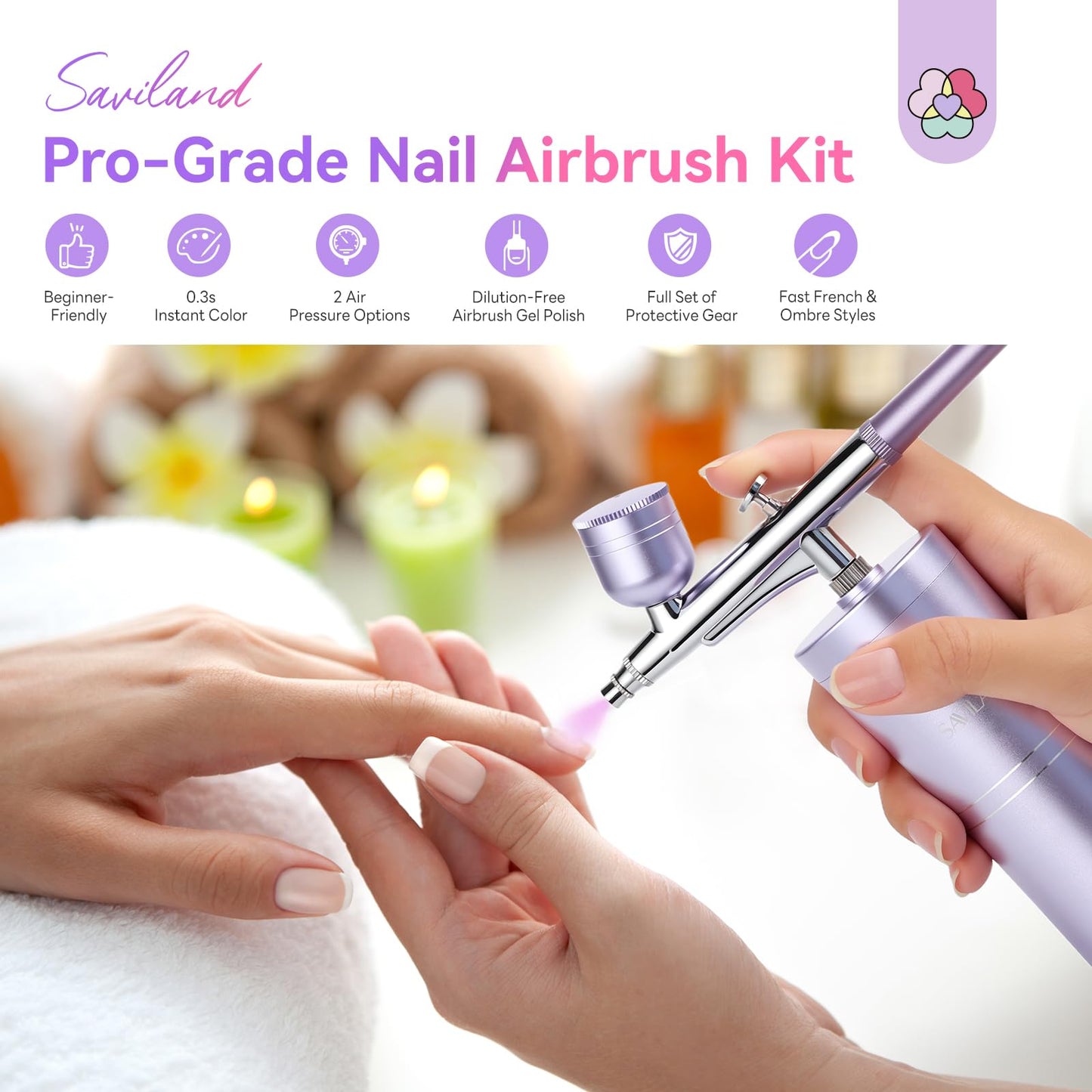 SAVILAND 7-in-1 Pro Airbrush Set: 6PSC Pink Airbrush Gel Nail Polish & Airbrush for Nails & Airbrush Cleaner & Airbrush Stencils & Protector for Fingers & Masks and Gloves Instant Nail Art