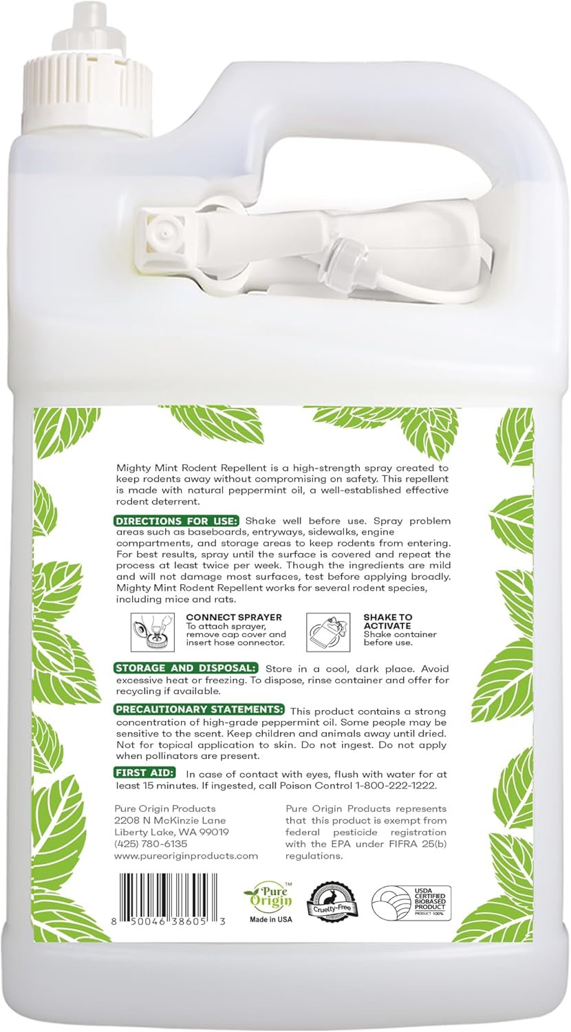 Peppermint Oil Rodent Repellent Spray - Natural Indoor & Outdoor Control for Mice and Rats | 1 Gallon (128 oz)