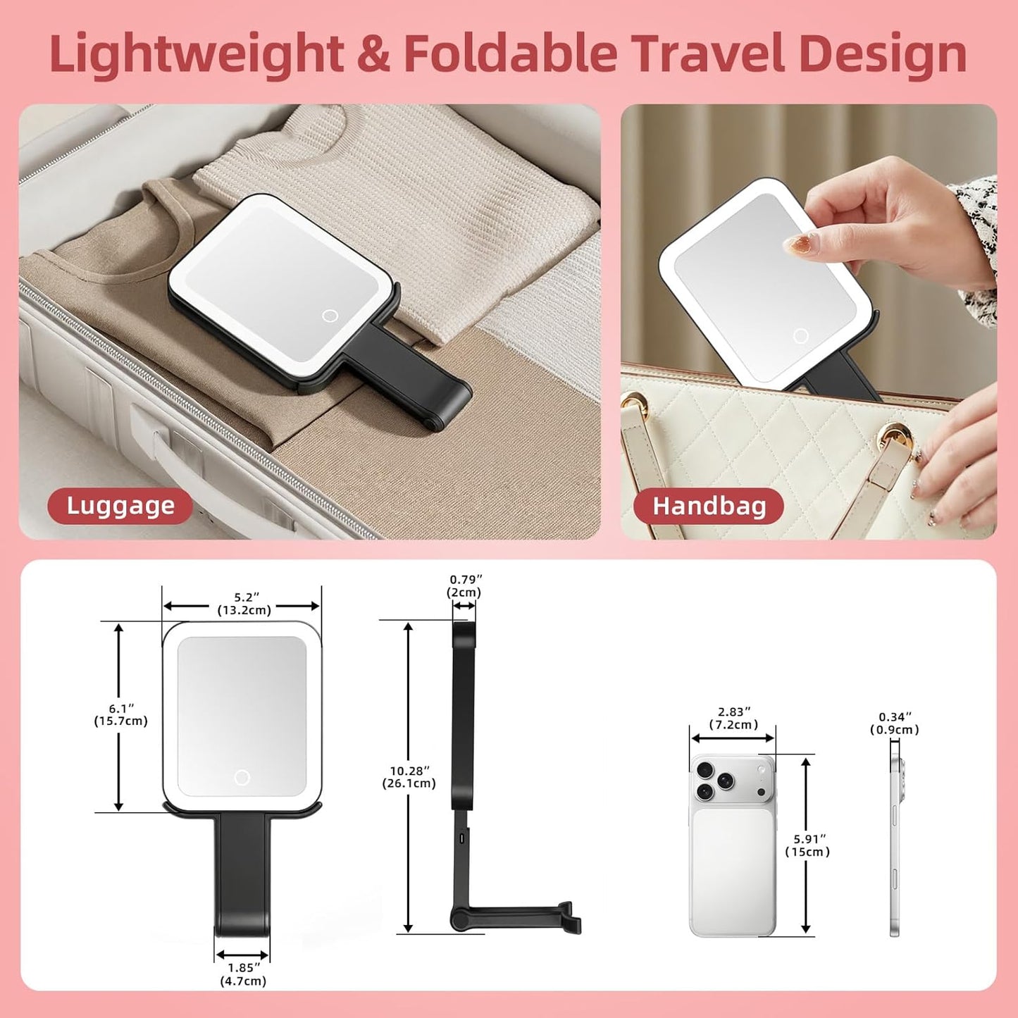 Rechargeable Travel Mirror with Lights - 10X/1X Double-Sided, 3 Color Lighting | Smart Touch Dimming, Precision Tweezers (10.3"x5.2")
