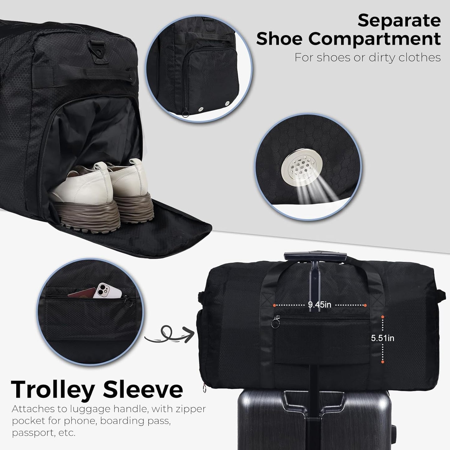 Duffle Bag 65L with Shoes Compartment - Foldable Travel Bag for Men & Women | Water-Repellent & Tear-Resistant (Black)
