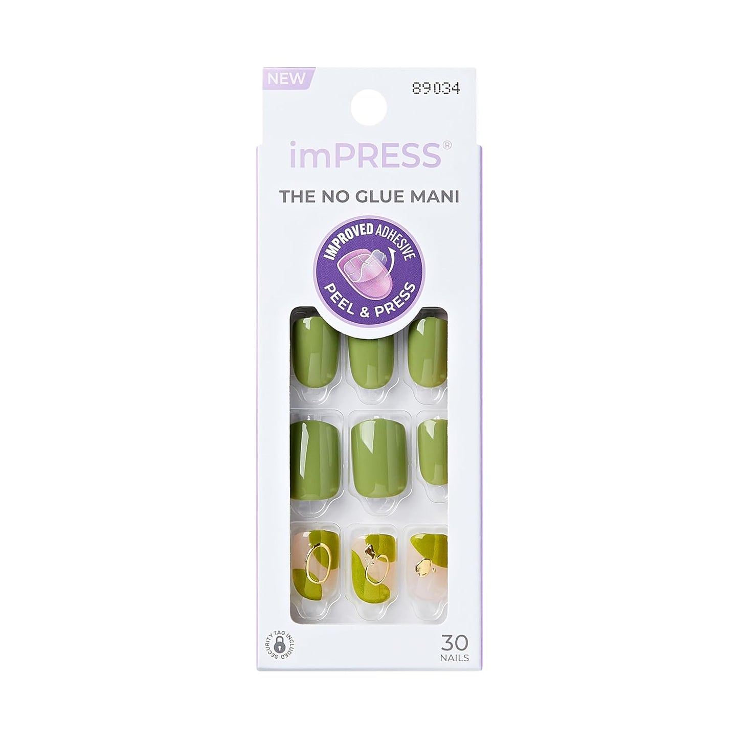 Kiss Impress No Glue Mani Press On Nails - 'Before Sunrise' Green Short Squoval Shape | 30 Nails, Prep Pad & More