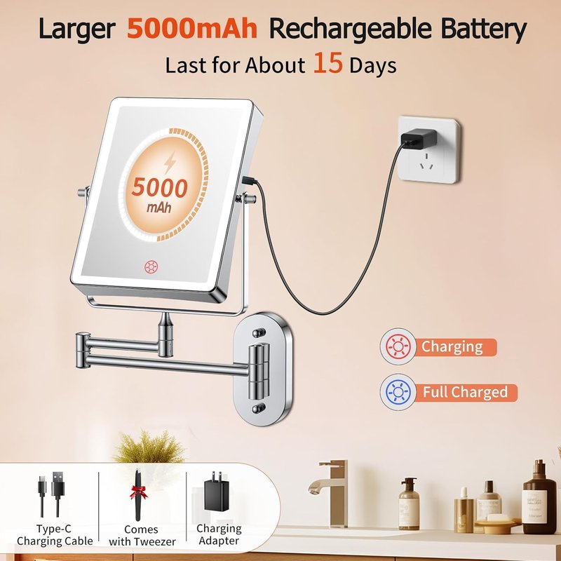 FUNTACH 5000mAh Rechargeable Makeup Mirror - 8.7" Double-Sided 1X/30X Magnification | Dimmable 3-Color Light, 360° Wall Mount