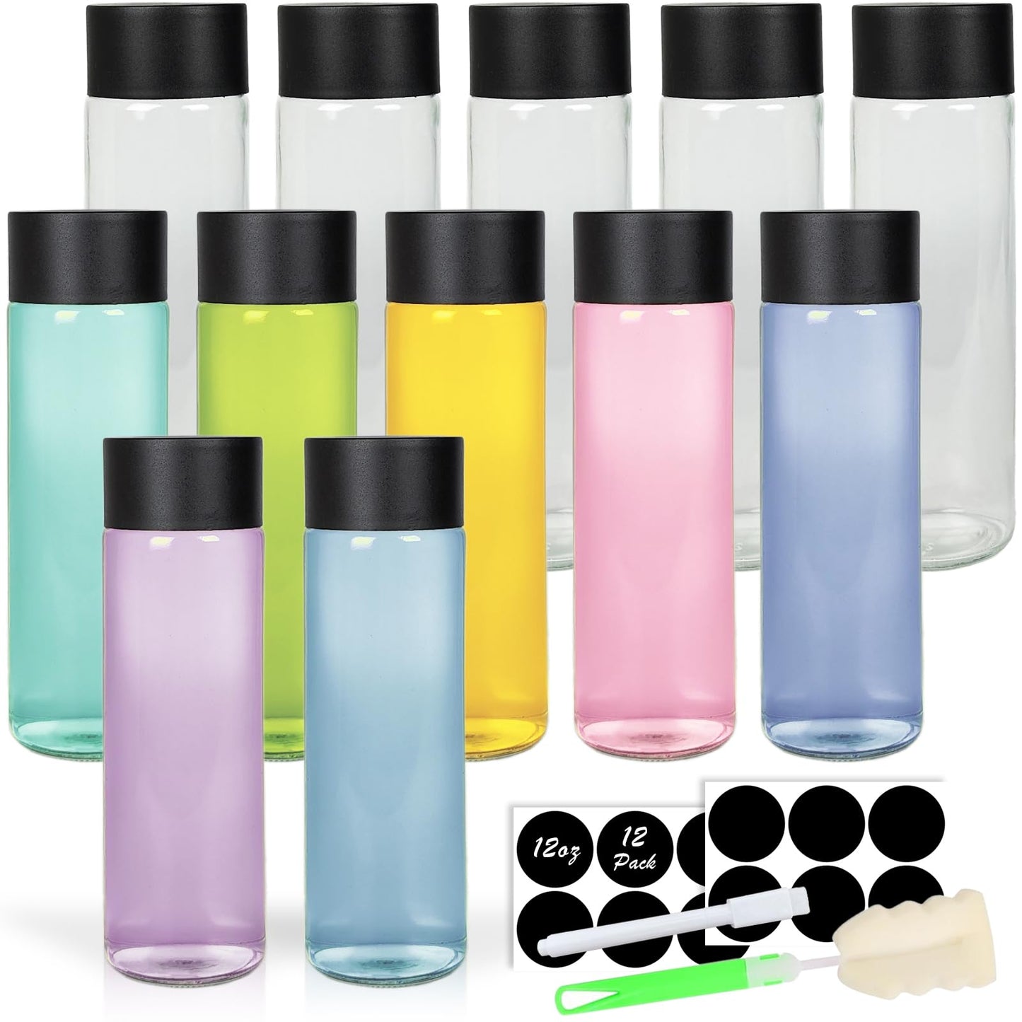 NEWMIAO 12Pack 12oz Glass Water Bottles with Lids, 350 ml Empty Glass Juice Bottles with Black Caps, Reusable Drink Containers Drinking Jars for Juicing, Milk, Beverages, Smoothies