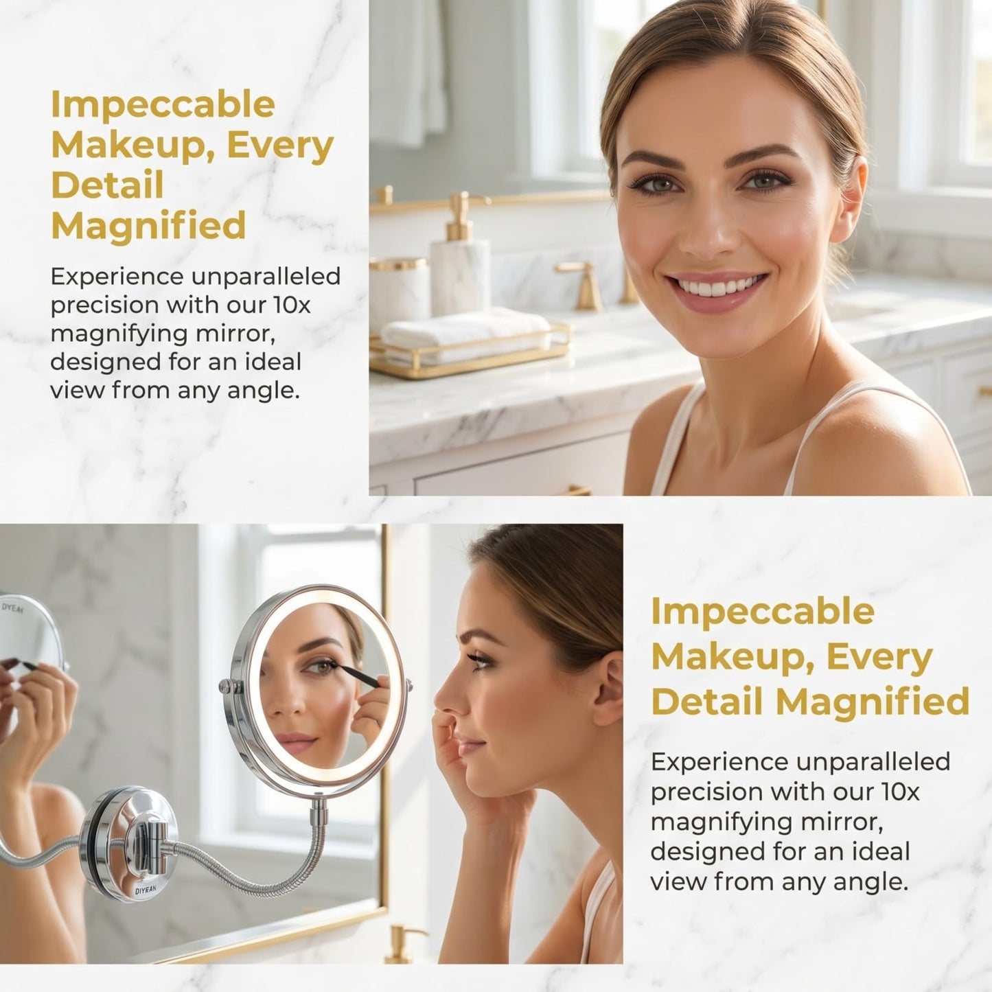 DIYEAH Rotating 10x Magnifying Vanity Mirror with LED Light and Suction Cup, 360-degree Adjustable Makeup Mirror for Bathroom and Travel