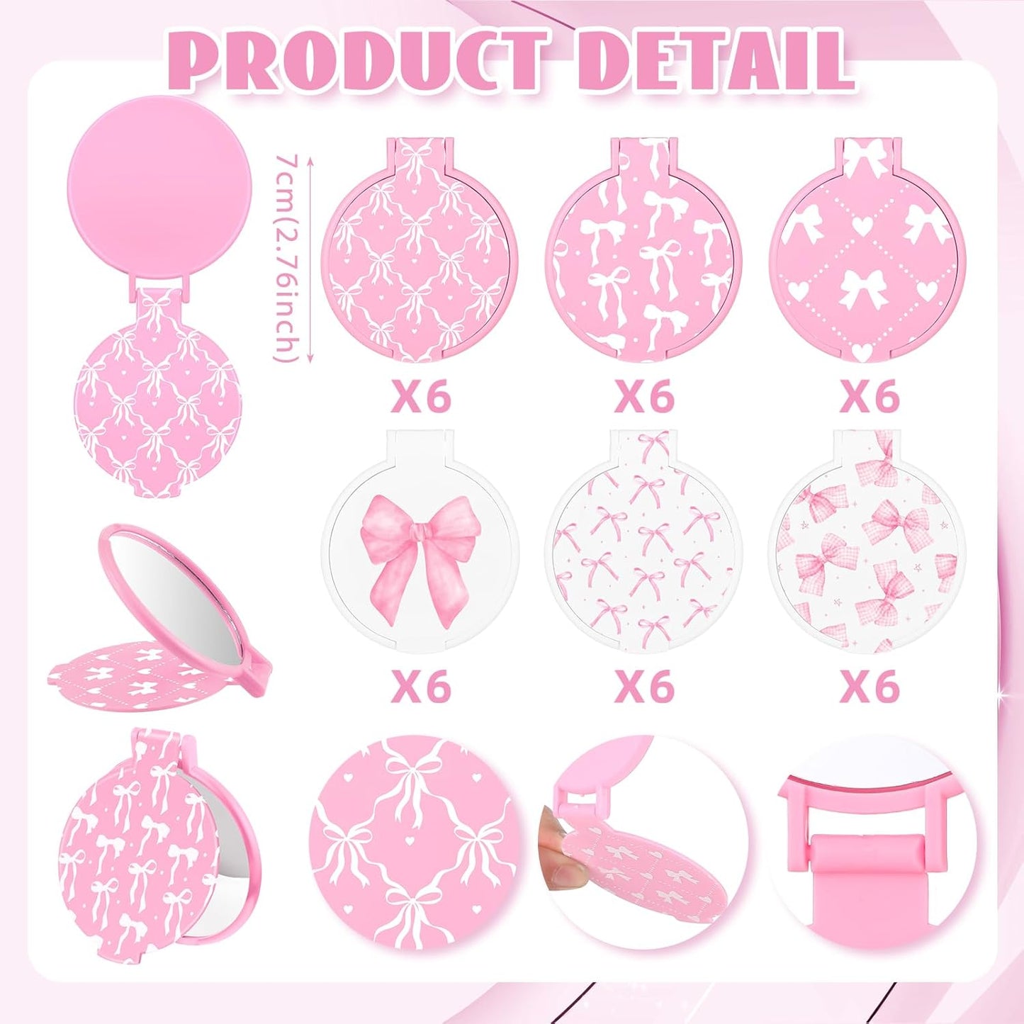 Pink Bow Mini Compact Mirrors - 36 Pcs Portable Round Makeup Mirrors | Perfect Party Favors & Gifts for Women