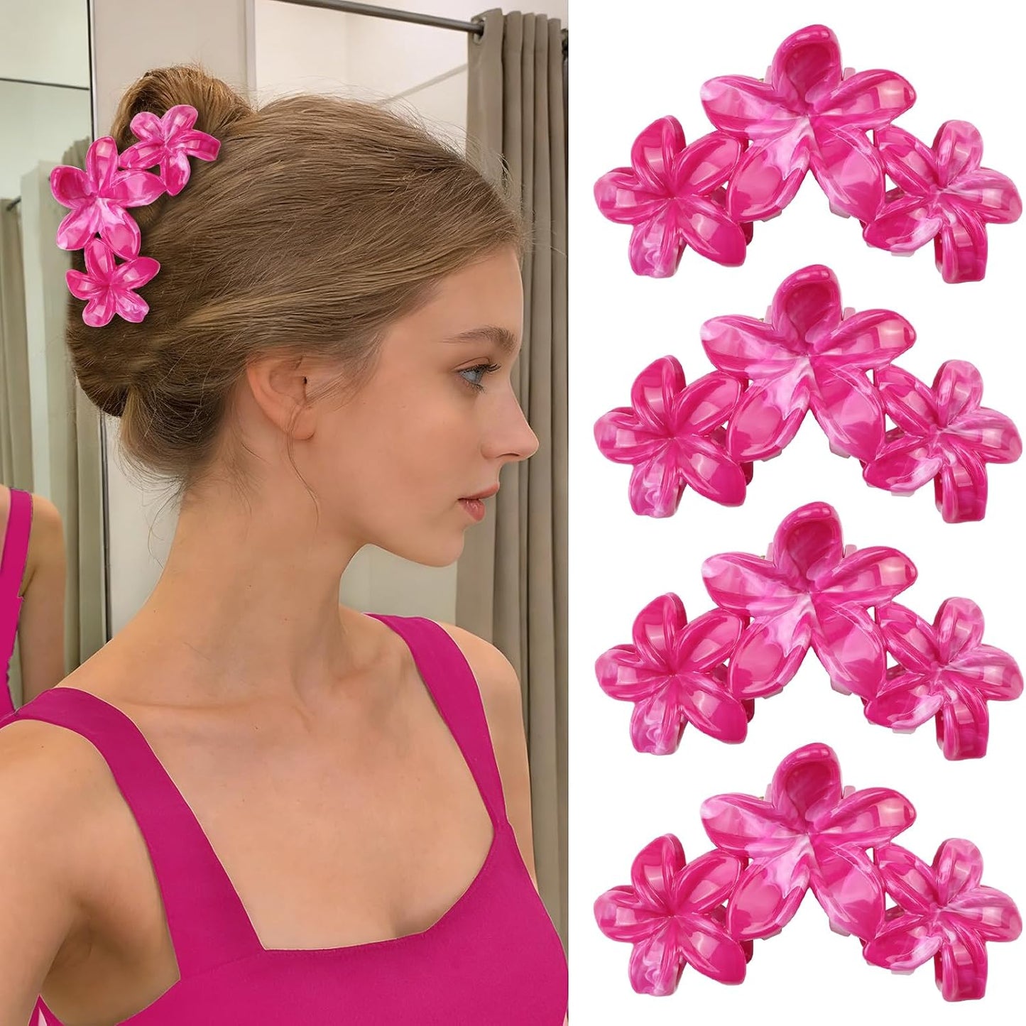 Cute Hawaiian Flower Claw Hair Clips - 4Pcs Large Clips for Thick or Thin Hair | Pink & Red Beach Accessories