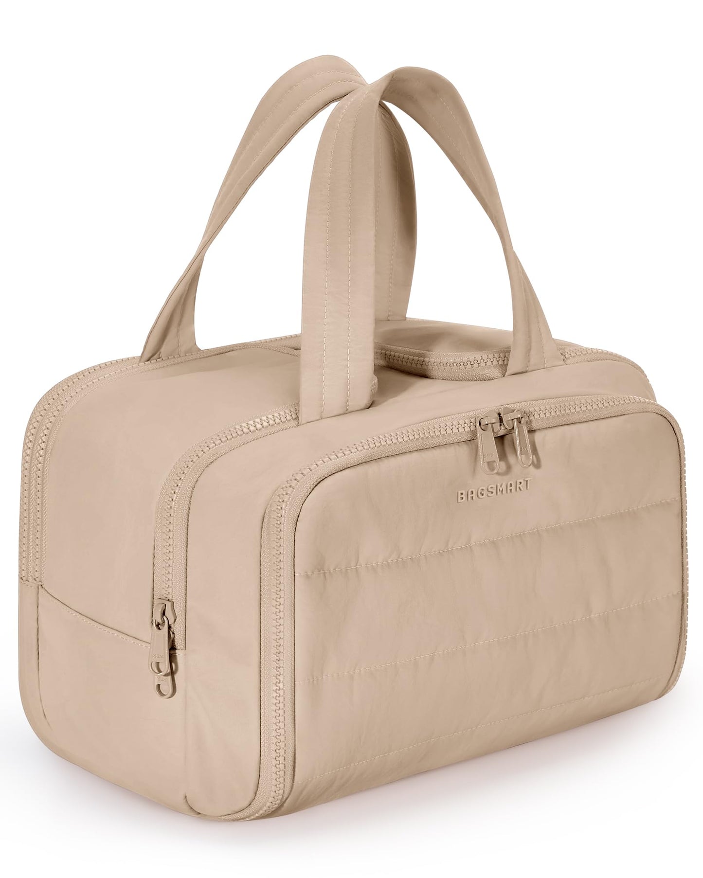 BAGSMART Travel Toiletry Bag, Puffy Toiletry Bag for Women, Wide-open toiletry bags for traveling, Large Travel Cosmetic Makeup Bag Organizer for Accessories,Toiletrie (Khaki)