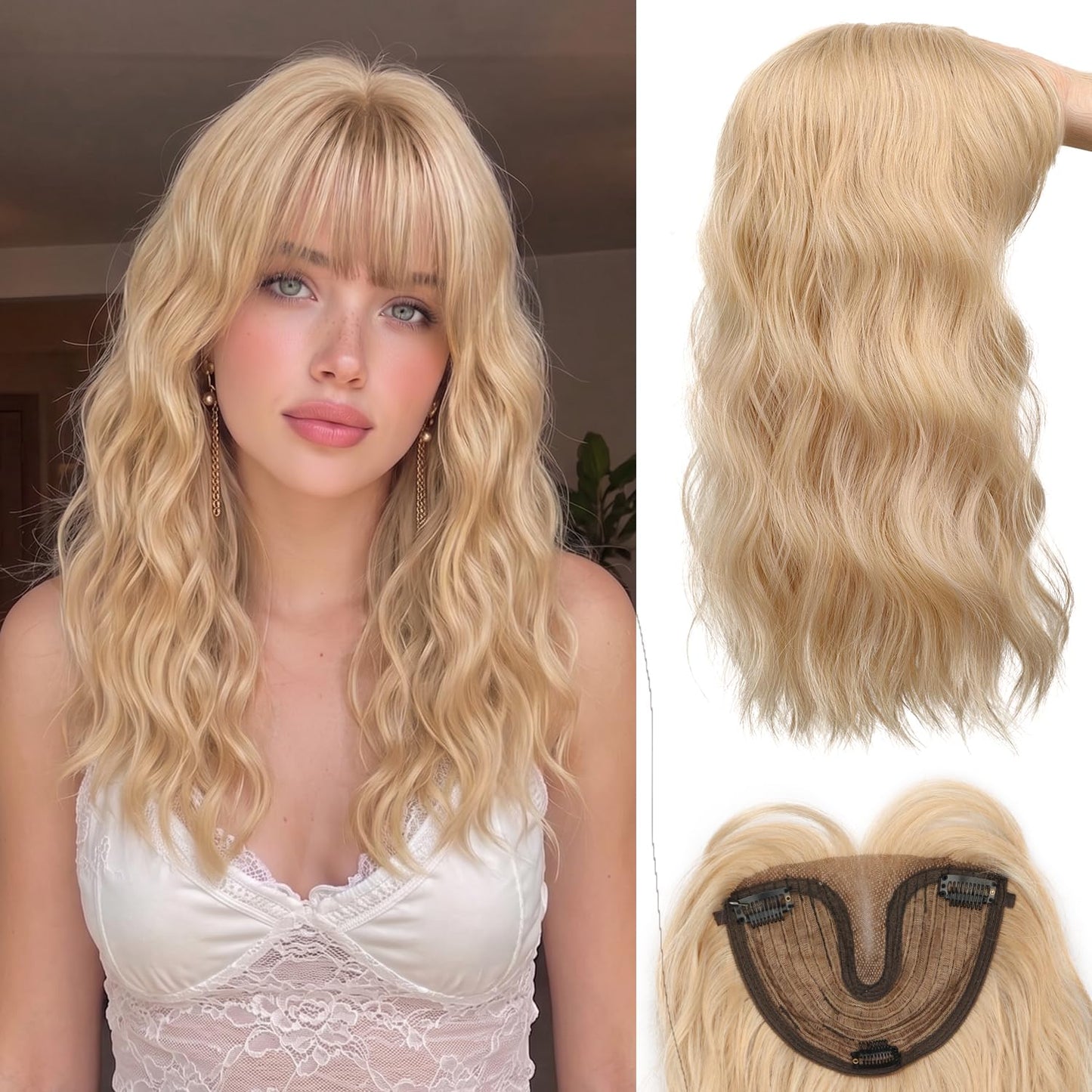 Hair Topper for Women - Clip-In Synthetic Hairpiece for Thinning Hair | 18-Inch Wavy Curly with Bangs
