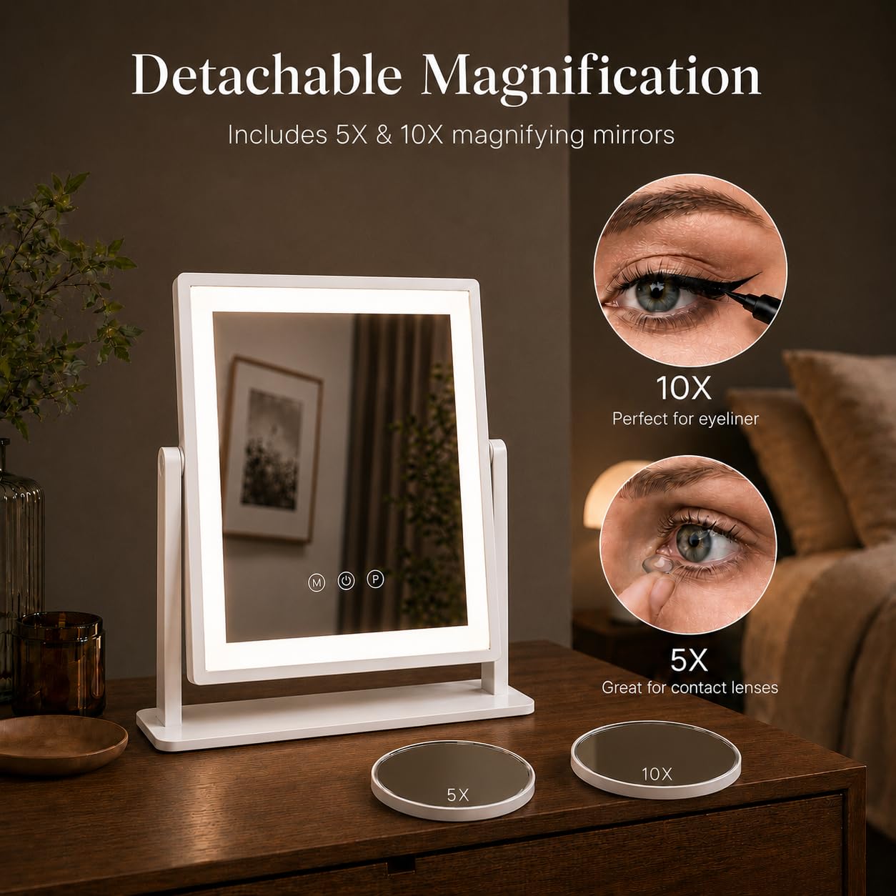 DECADENCE 14.1 Inch LED Vanity Makeup Mirror with Lights for Women and Mom, 10X/5X Detachable Magnifiers, 3 Color Modes, Dimmable Touch Control, 360 Degree Rotation, Tabletop Cosmetic Mirror