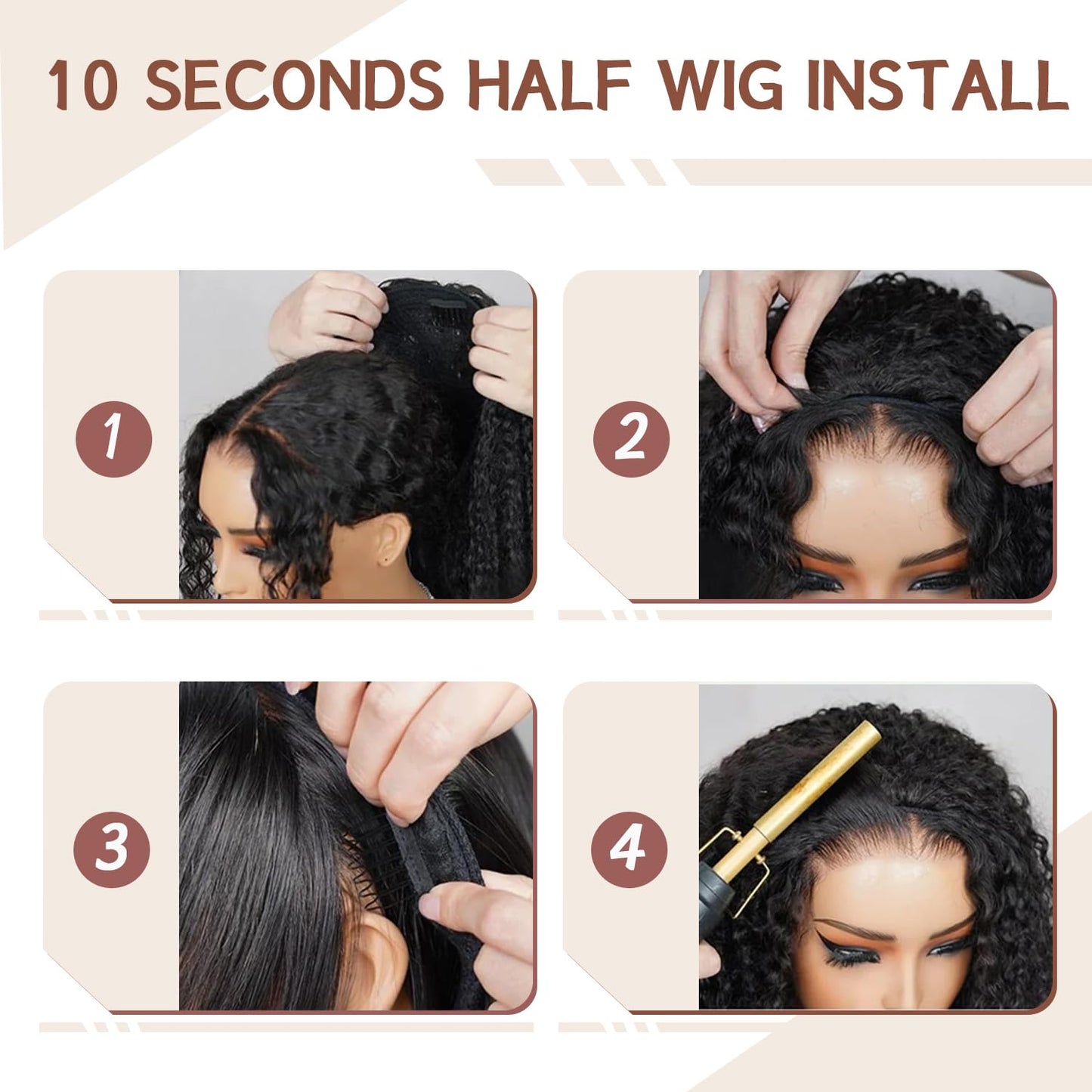 Burmese Curly Half Wig - 220% Density 100% Real Human Hair | Glueless 3-in-1 Headband Wig, 16 Inch