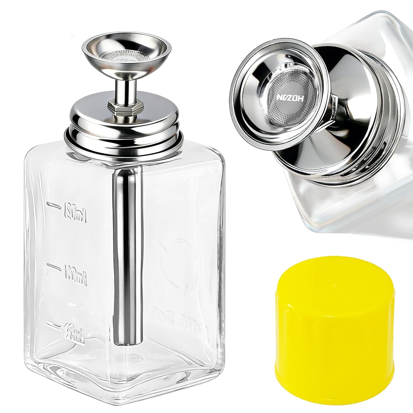 ffresiss 6oz / 180ml Glass Dispenser, Push Down Acetone Pump Alcohol Dispenser with Metal Cover, Nail Polish Remover Liquid Pump Square Bottle Hand Pumping Rubbing Press Container