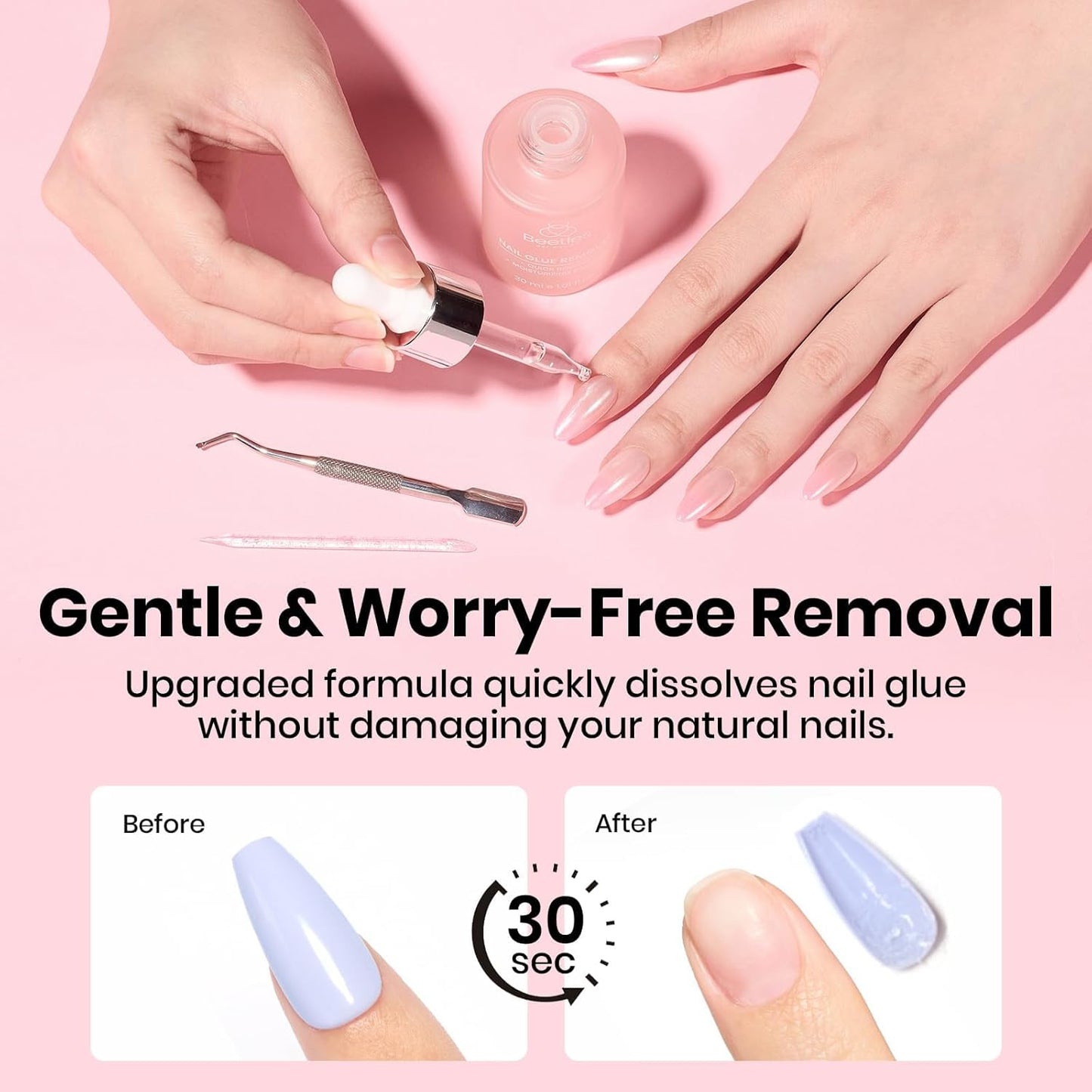 Beetles Nail Glue & Remover Kit | 20g No Wipe Hands-Free Gel for Press-On Nails - Includes 30ml Remover & Tools