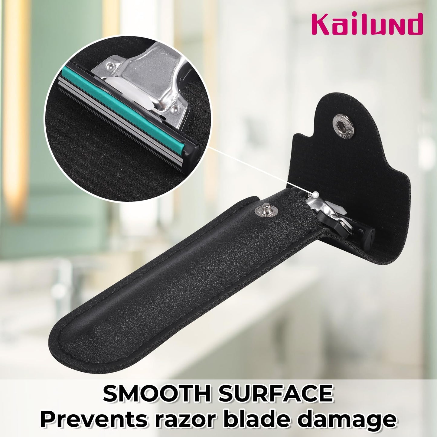Kailund Razor Travel Case, PU Leather Safety Razor Case for Men, 5.5" Travel Razor Cover with Tight Button Closure, Compatible with Most Manual Razor - Black