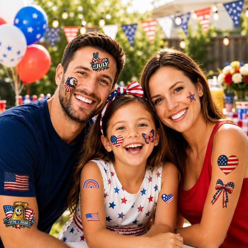 250th Anniversary Temporary Tattoos - Patriotic USA 1776–2026 | 60PCS Independence Day Party Favors for Adults & Teens