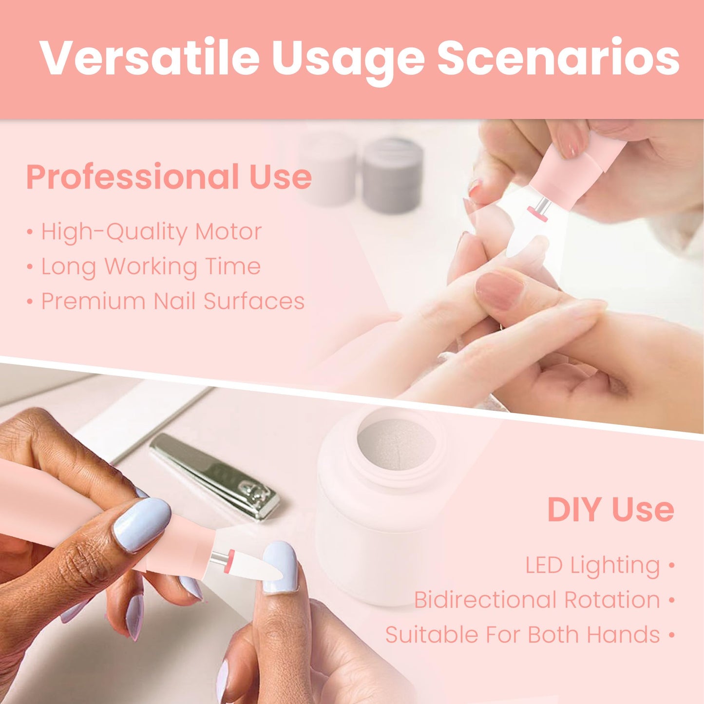 KIARYUOLL Cordless Electric Nail Drill Kit, Portable Rechargeable Nail Drill Set, Battery Electric Nail File, 5 Speeds Modes, LED Lighting, Reversible Direction, DIY, Professional (Pink)