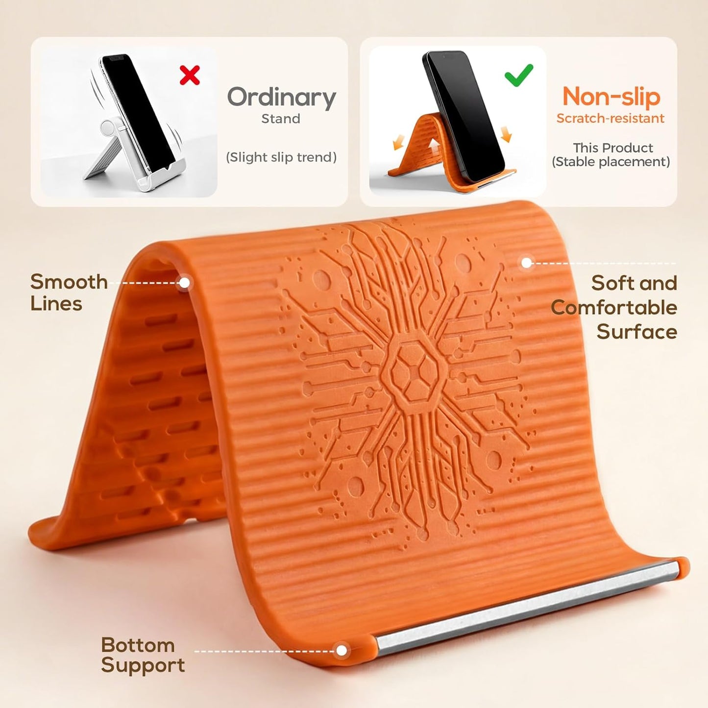 Adjustable Silicone Phone Stand - Anti-Slip Foldable Holder for Tablets & Laptops | Orange