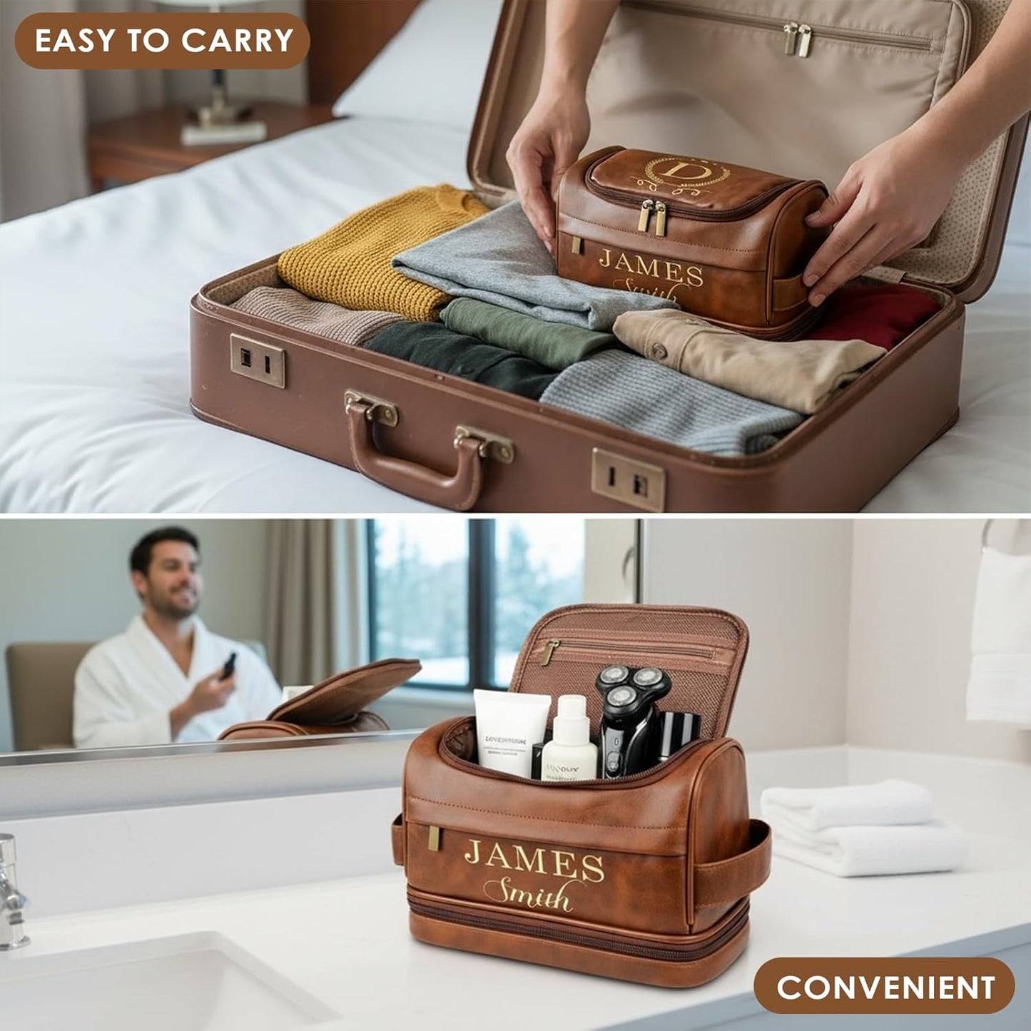 Personalized Toiletry Bag - Custom Engraved Leather Travel Kit | Waterproof Shaving Bag for Men, Great Gift for Dad, Husband, Groomsmen