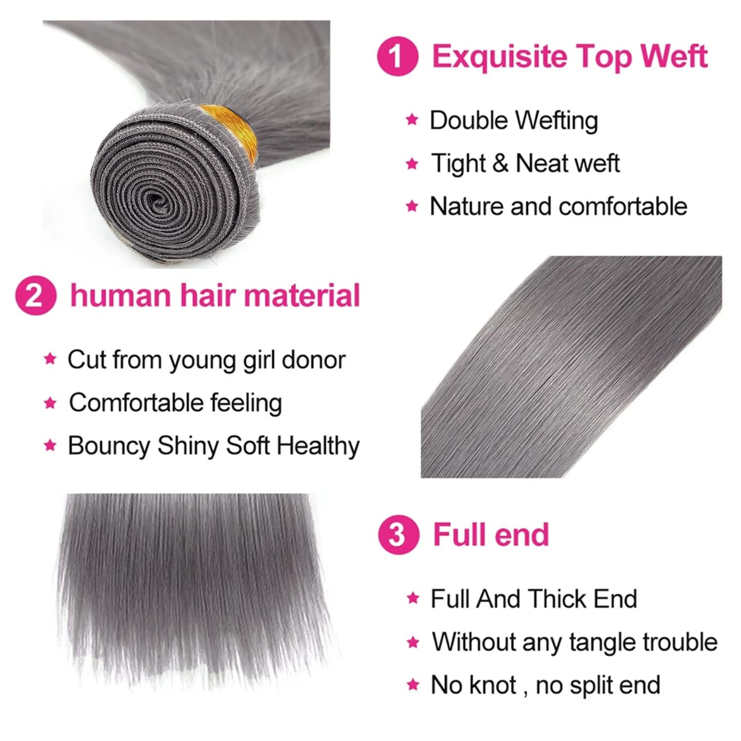 26 28 30 Inch Grey Bundles Human Hair Straight 3 Bundles Brazilian Remy Hair 50 Grams/Bundle 10A Grade Unprocessed Virgin Hairs Silver Grey Straight Bundle Weaves Extensions