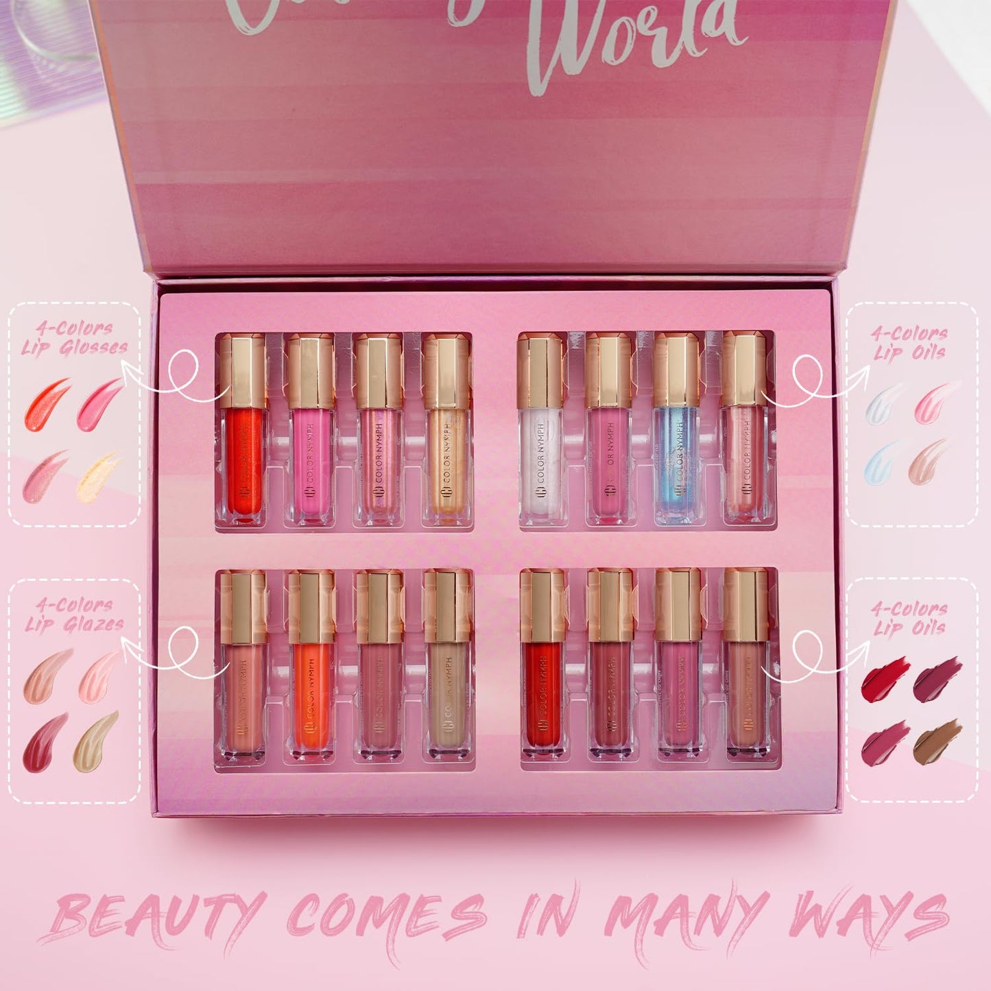16 PCS Lip Gloss Set - Shimmery Long-Lasting Colors for Women & Girls | Iridescent Pink
