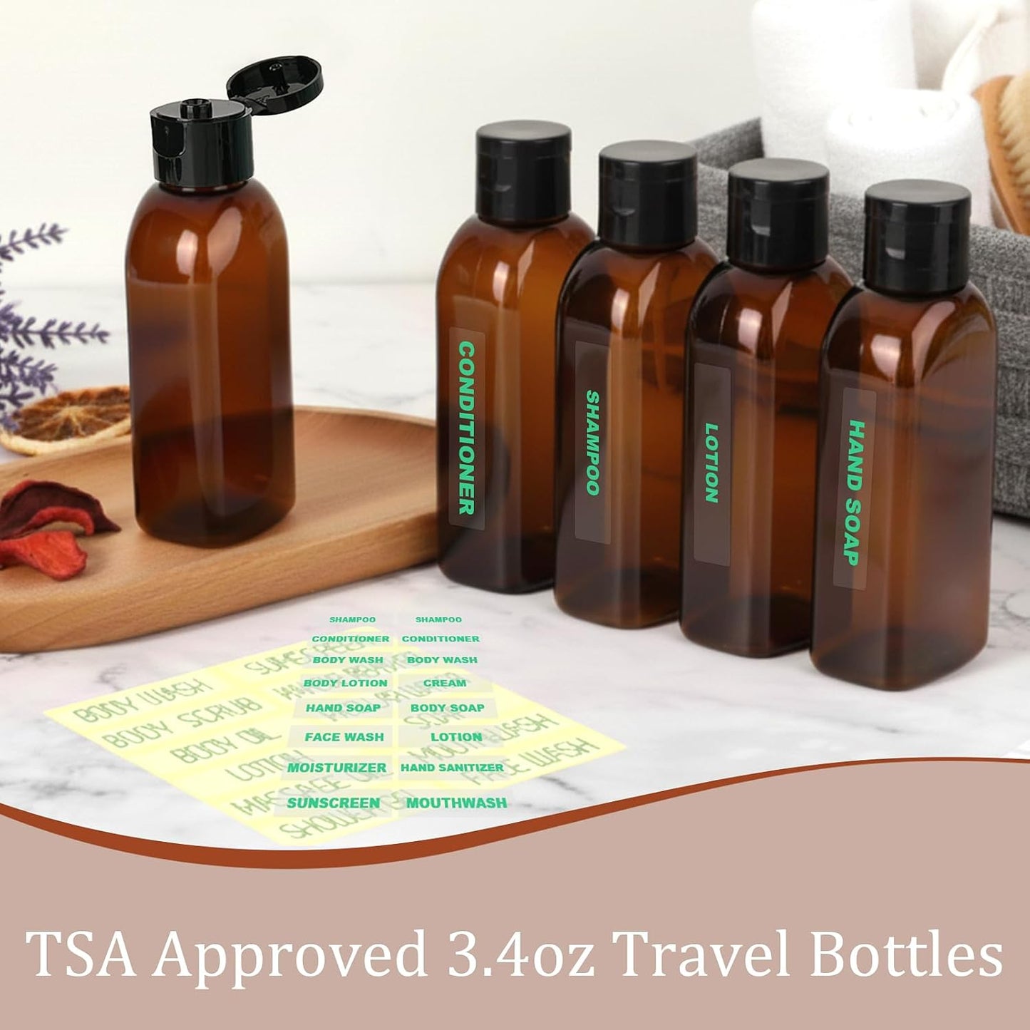 Travel Bottles for Toiletries - 5 Pack 3.4oz TSA Approved | Leak-Proof Squeeze Containers in Brown