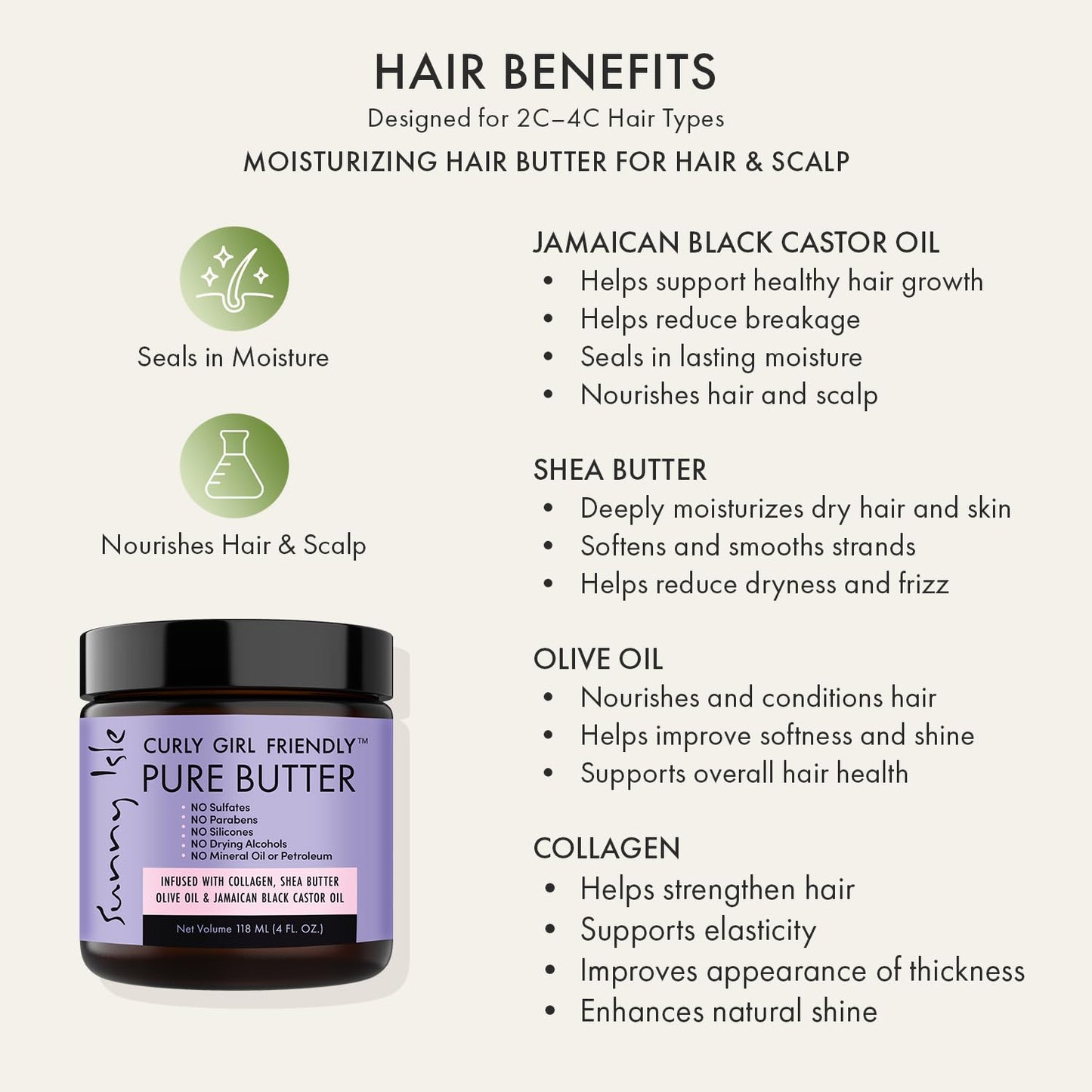 Sunny Isle Curly Girl Friendly Hair Butter for Dry Hair & Scalp, Moisturizing Hair & Skin, Jamaican Black Castor Oil & Shea Butter, Olive Oil, Seals Moisture for Curly, Coily & Natural Hair, 4oz