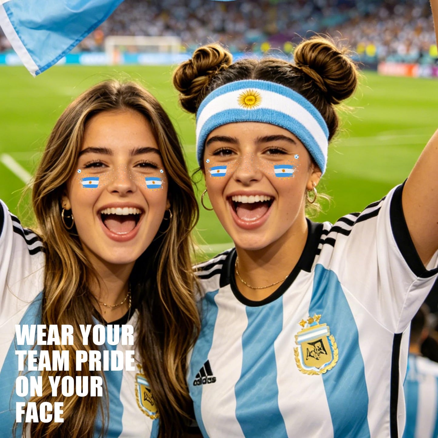 VXZ Blue & White Soccer Fan Freckles Face Tattoo - Sun & Flag Brushstroke Temporary Tattoos | Waterproof Sports Sparkle Stickers for Football Matches & Game Day Celebrations (8 Sheets)