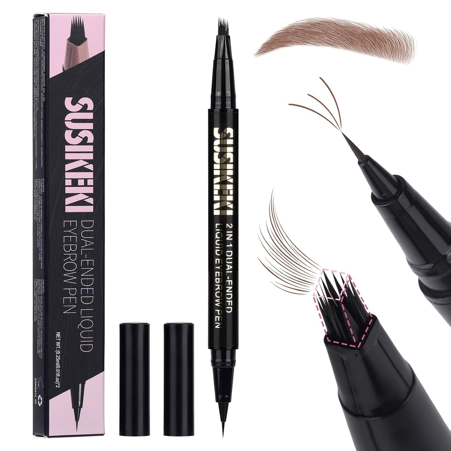 Dual Ended Microblading Eyebrow Pen - 2 in 1 Liquid Pencil with Angled Brush & Detail Tip for Natural Brows | Long-Lasting Brown