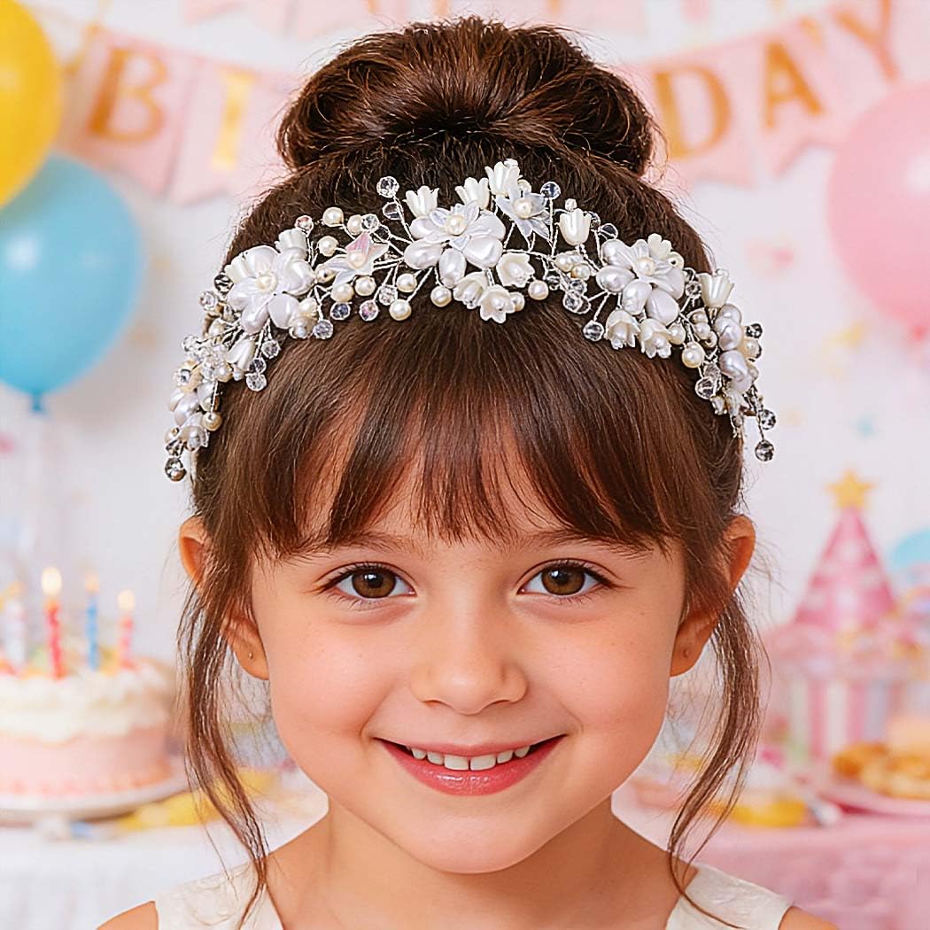 Campsis Flower Girls Hair Accessory, White Floral Headpiece, Wedding Pearl Headband for Girls