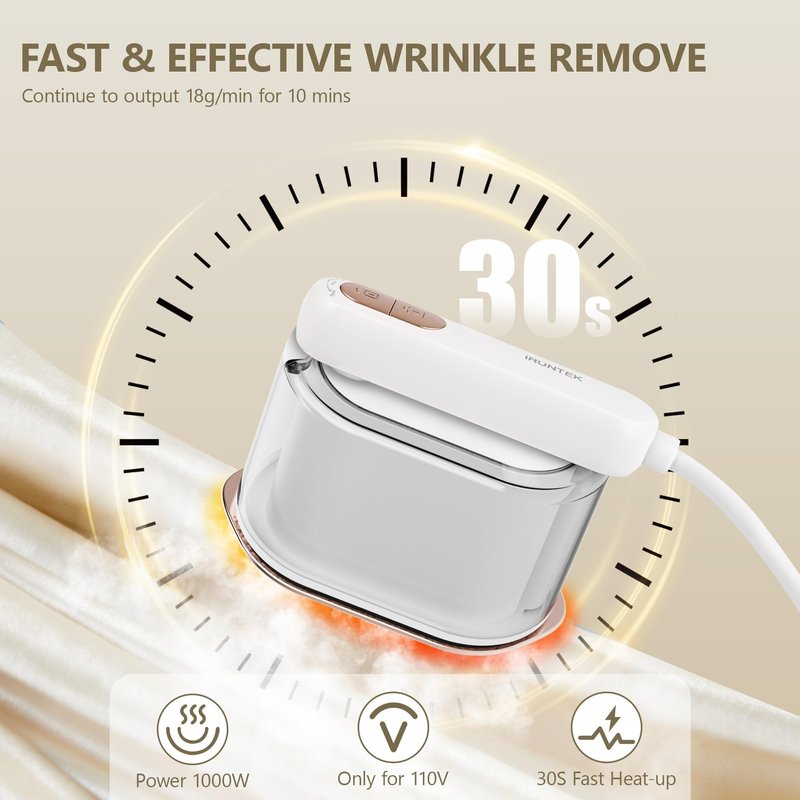 iRUNTEK 2-in-1 Steamer Iron & Clothes Steamer - Handheld Portable Garment Steamer, 1000W Powerful Steam with 30s Fast Heat-up,160ml Water Tank, Rotary Garment Iron, Ideal for Home & Travel, White
