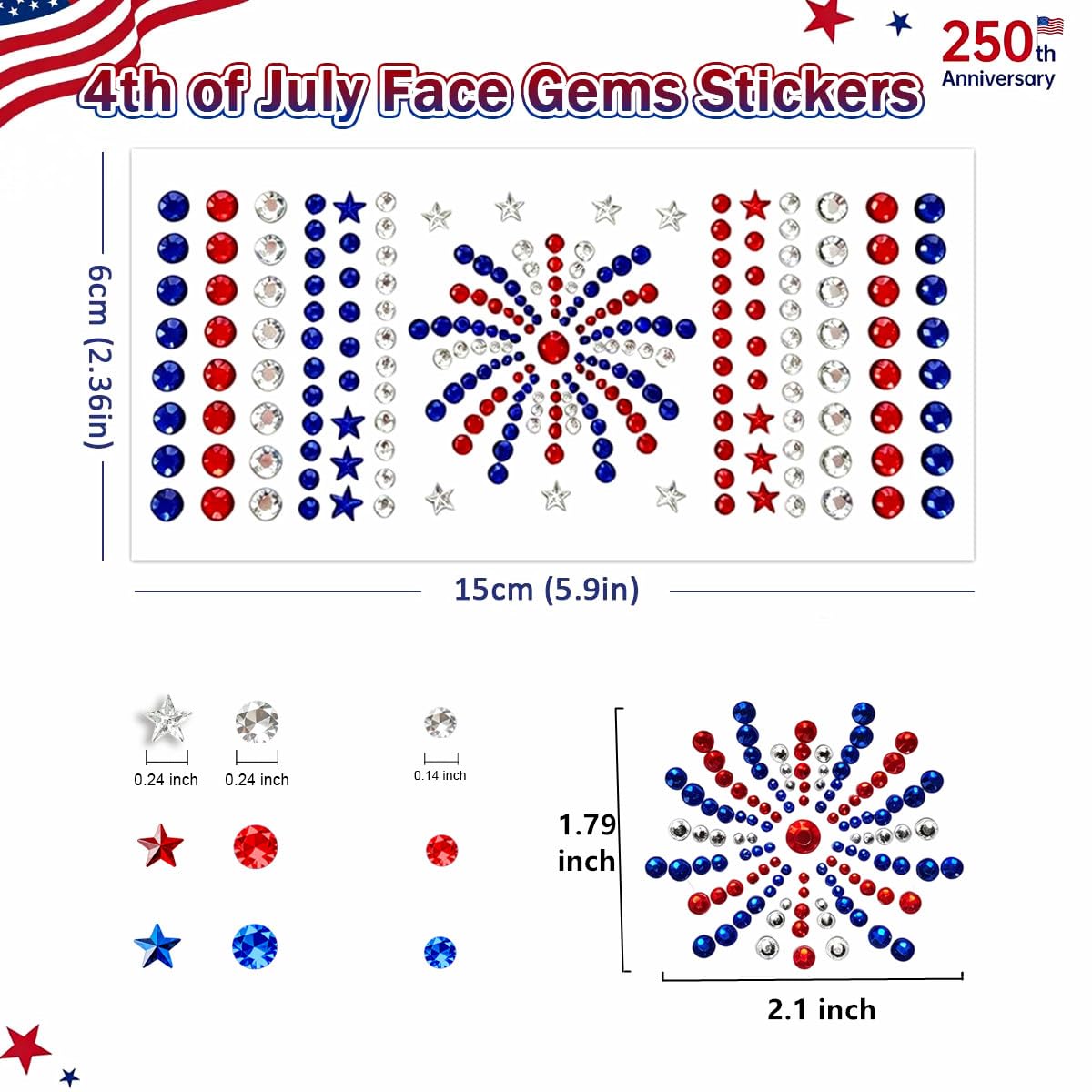 Go Ho 4th of July Star Face Hair Gems,Red White and Blue Patriotic Fireworks-Shaped Rhinestone Stickers,Self-Adhesive Glitter Crystal Gems,Festival Accessories for Women Kids on Independence Day