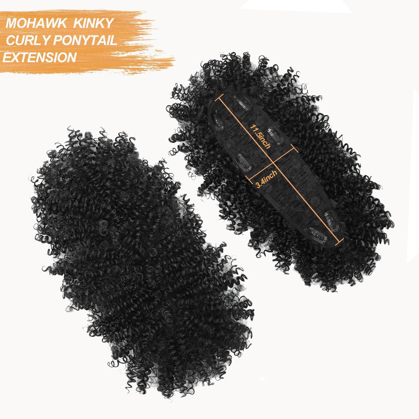 Kinky Curly Mohawk Wig - Short Synthetic Clip-On Ponytail Extension with Bangs | Fluffy Natural Hair for Daily & Party Use - Color 1B