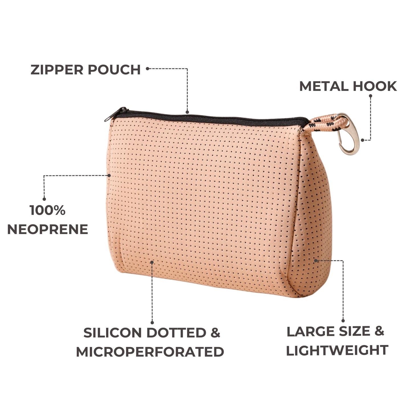 POPUPS Large Makeup Bag with Zipper, Tan - Waterproof Neoprene Cosmetic Bag 7.7 x 10.75 x 5 inches