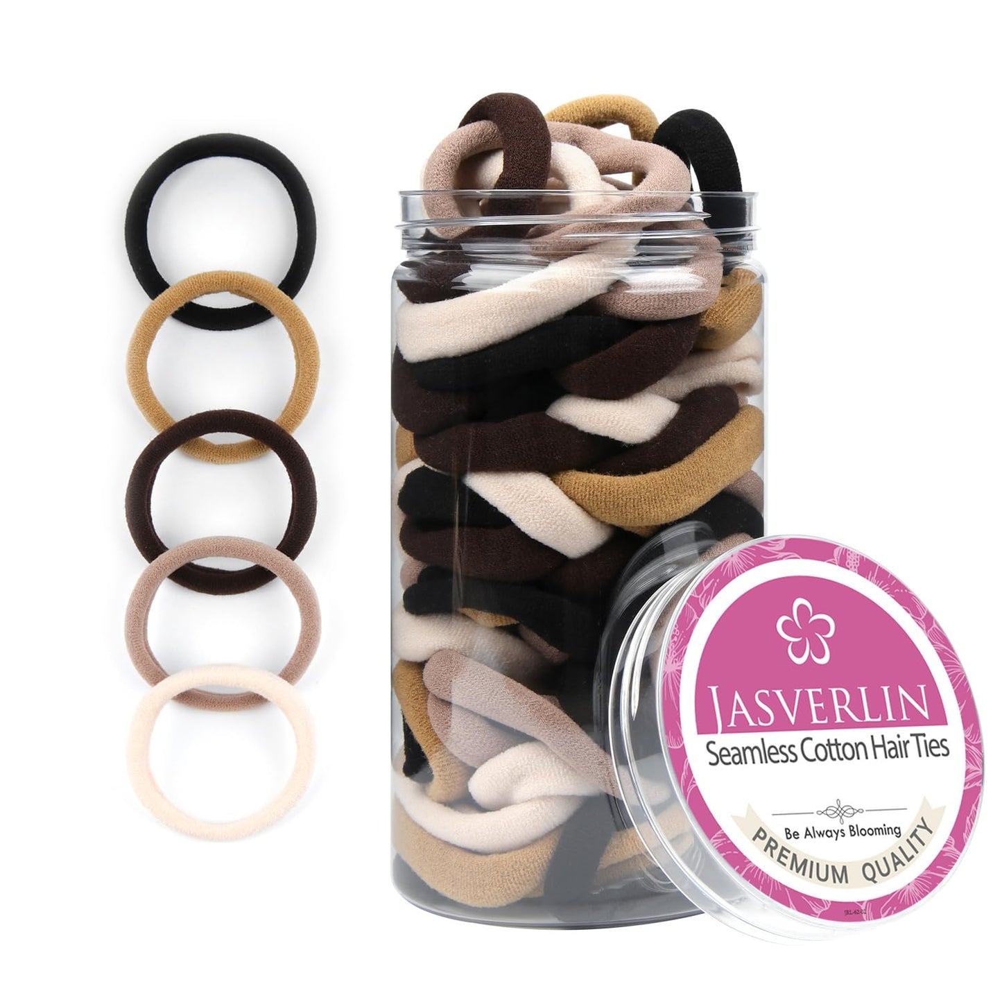 JASVERLIN Seamless Cotton Hair Ties - 100 Pcs Thick No-Damage Ponytail Holders | 1.5 Inch, 5 Colors