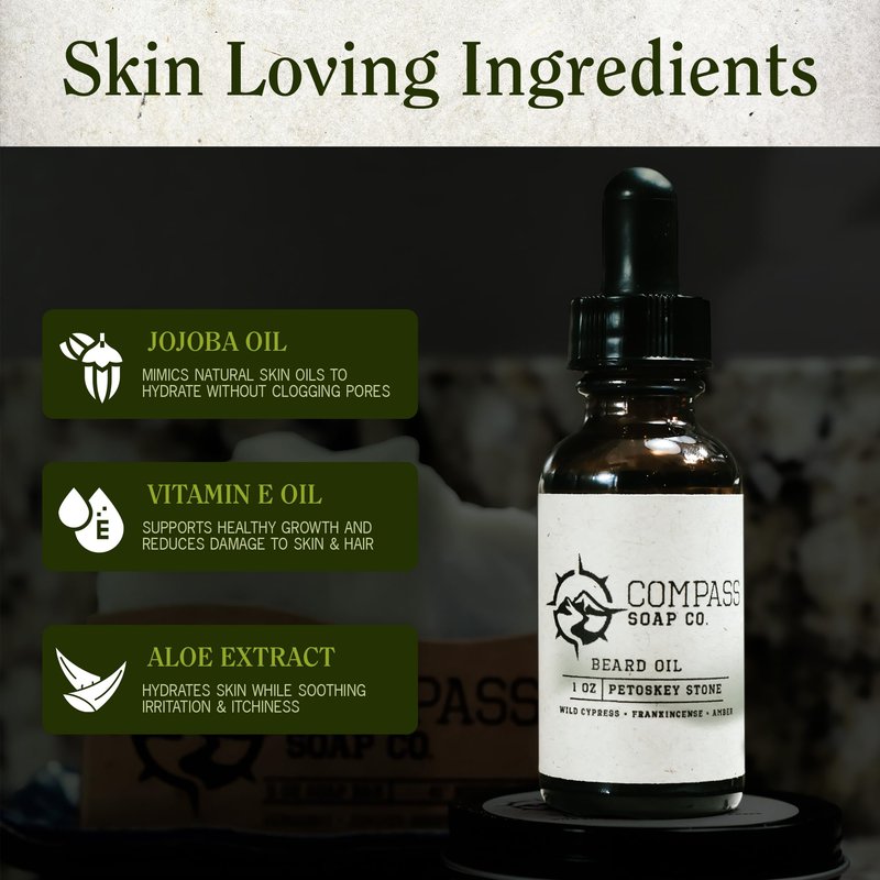 Compass Soap's Petoskey Stone - Natural Beard Oil for Men | Beard Oil for Nourishment and Hydration | Infused with Wild Cypress, Frankincense & Amber | Best Beard Growth Oil for Men | 1 fl. oz.