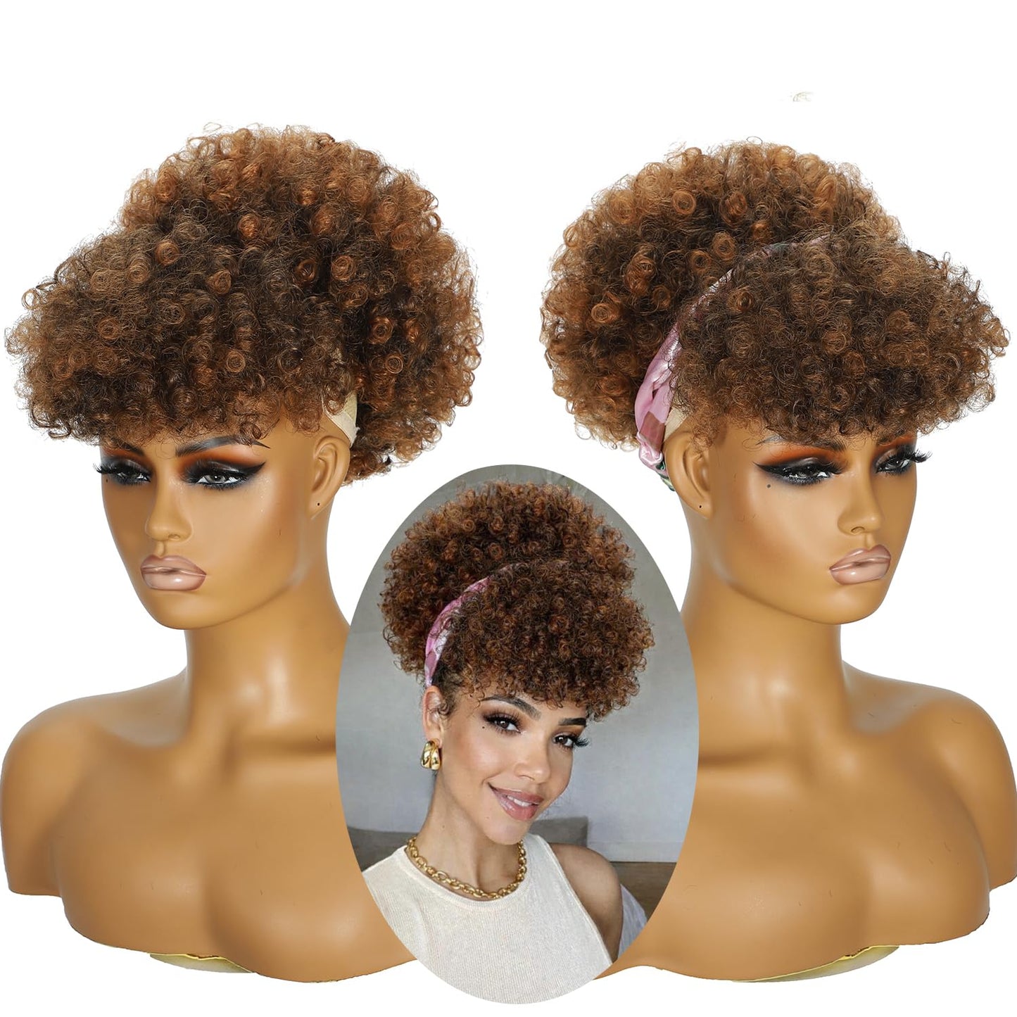 Afro Puff Drawstring Ponytail with Bangs,Short Caramel Brown Mix Natural Black Kinky Curly Synthetic Drawstring Ponytail Extension for Black Women Hair Bun Fluffy Updo for Daily and Party Use 1B/30