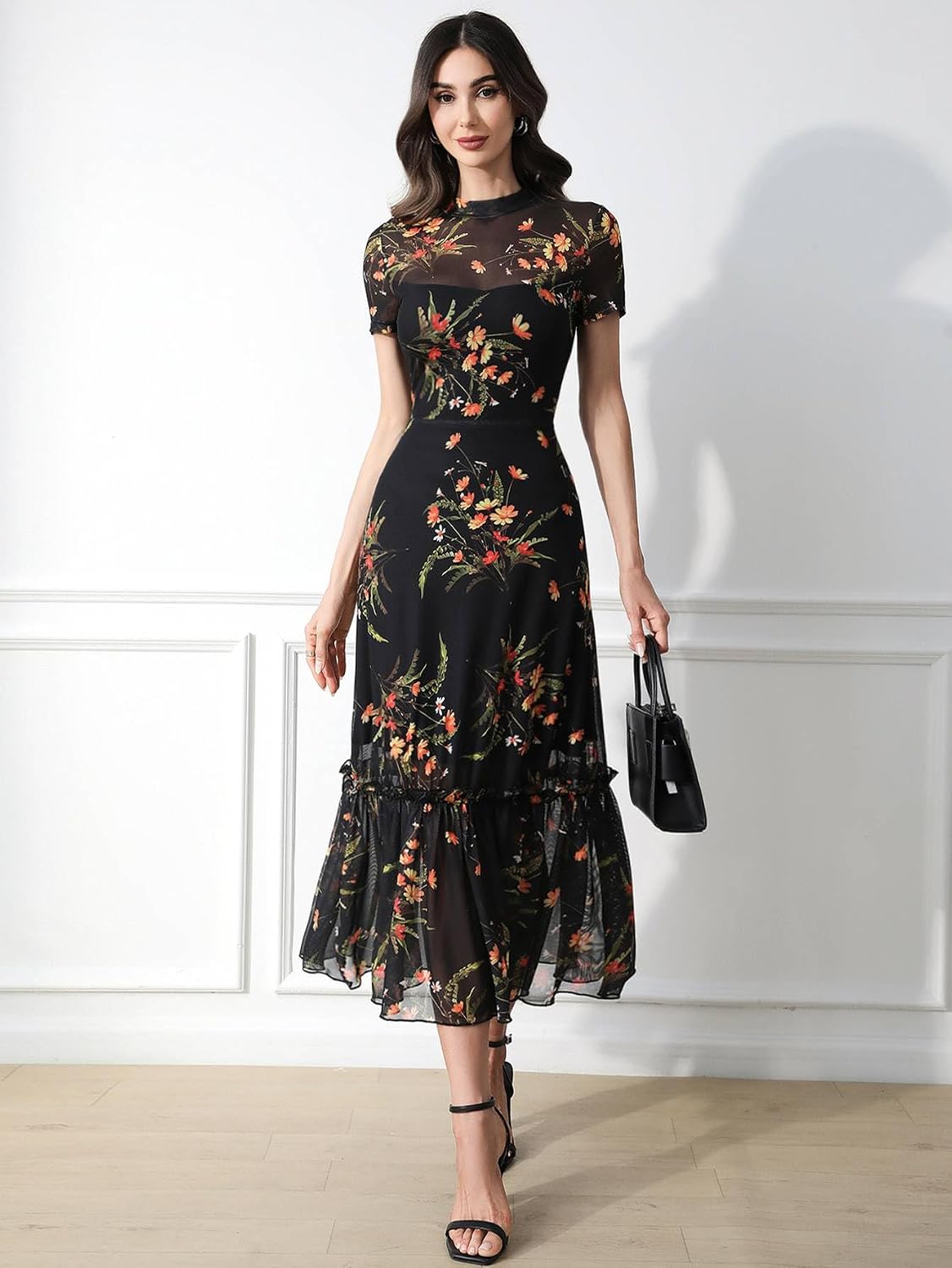 Floral Mesh Ruffle Maxi Dress for Women - Casual Summer Wedding Guest Dress | Short Sleeve, Waist-Cinched